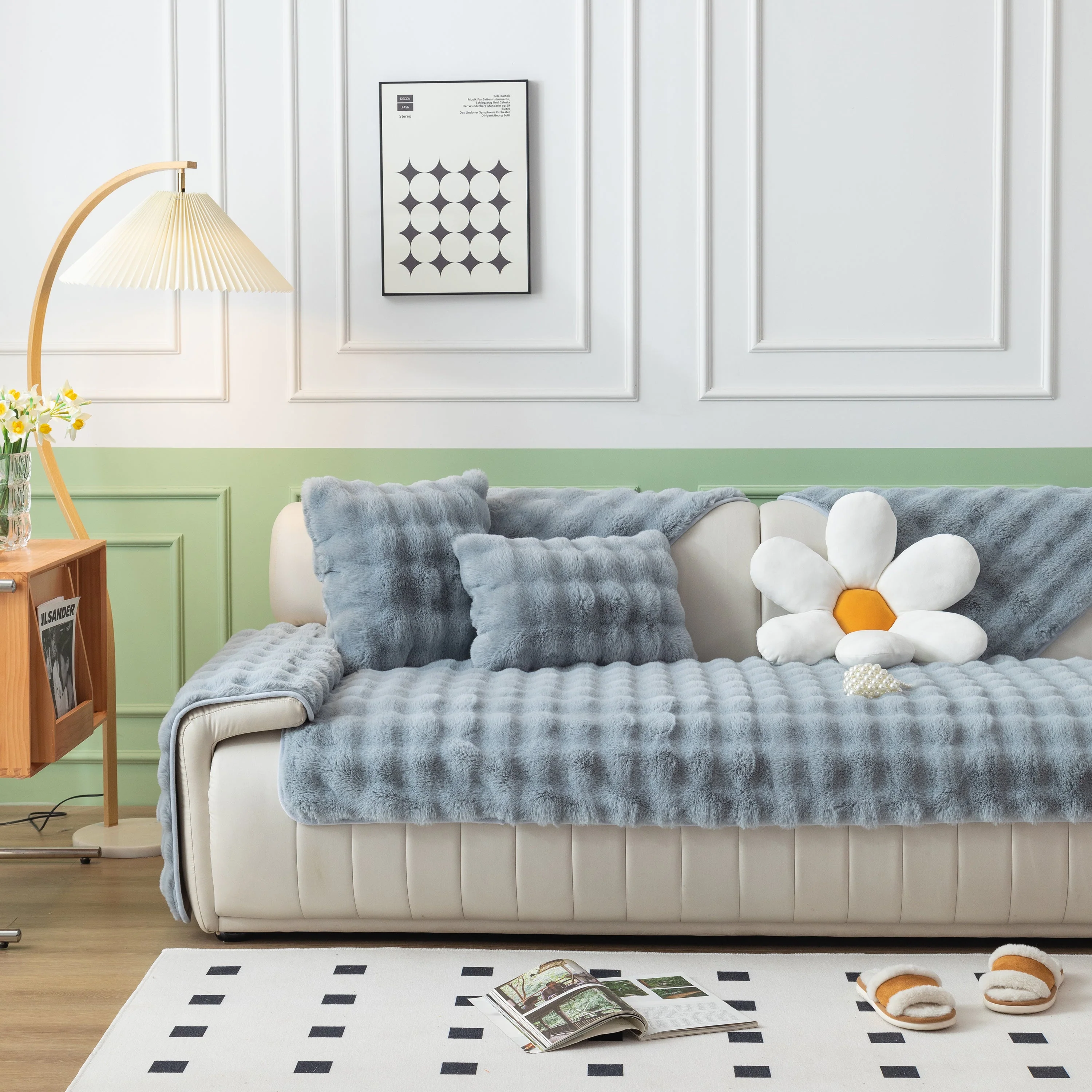 Thick Sofa Cushion Solid Color Faux Fur Fluffy Sofa Cushion Non-Slip Couch Covers - Image 122