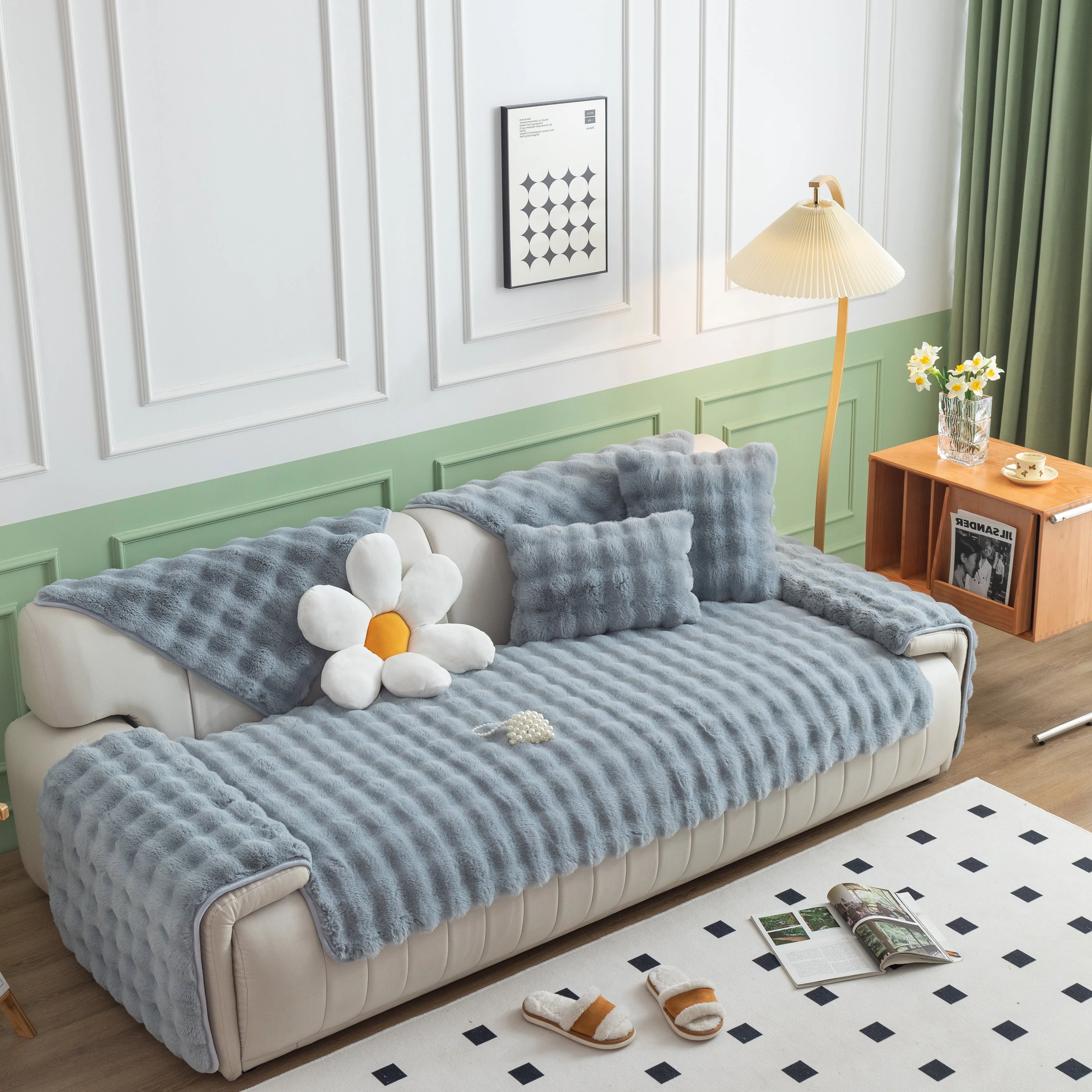 Thick Sofa Cushion Solid Color Faux Fur Fluffy Sofa Cushion Non-Slip Couch Covers - Image 123