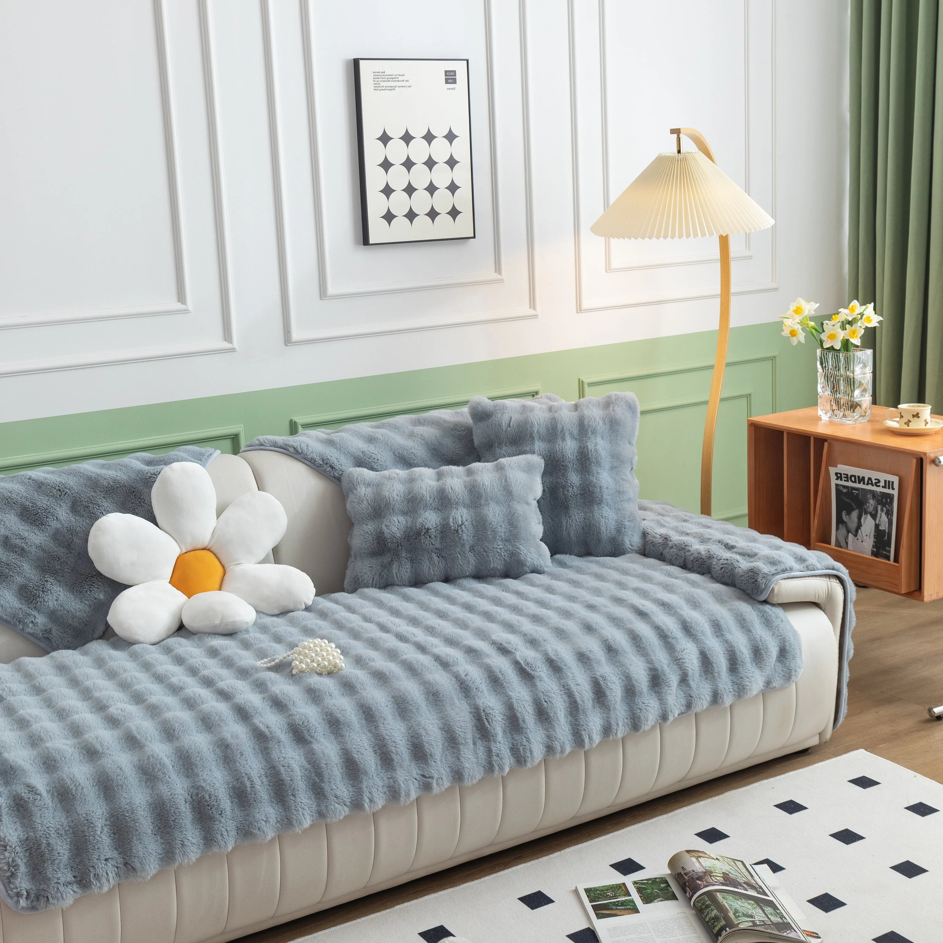 Thick Sofa Cushion Solid Color Faux Fur Fluffy Sofa Cushion Non-Slip Couch Covers - Image 124