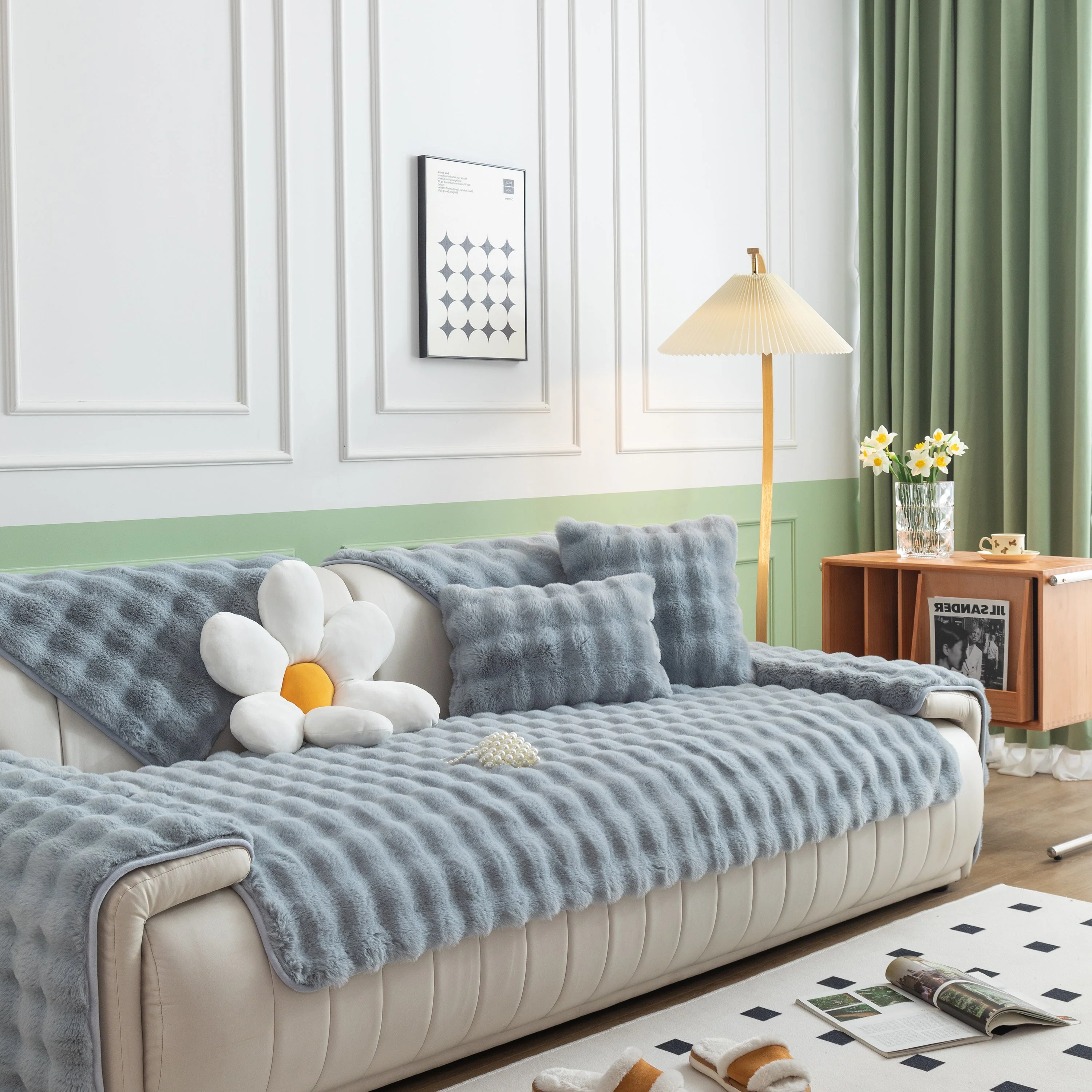 Thick Sofa Cushion Solid Color Faux Fur Fluffy Sofa Cushion Non-Slip Couch Covers - Image 126