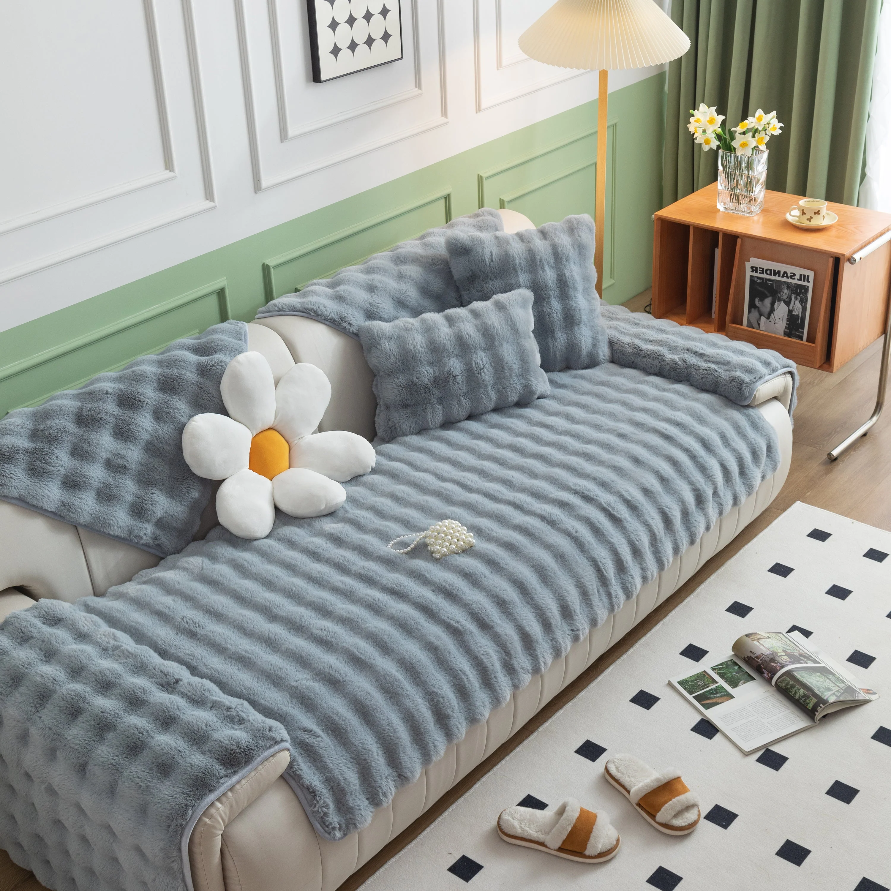 Thick Sofa Cushion Solid Color Faux Fur Fluffy Sofa Cushion Non-Slip Couch Covers - Image 127