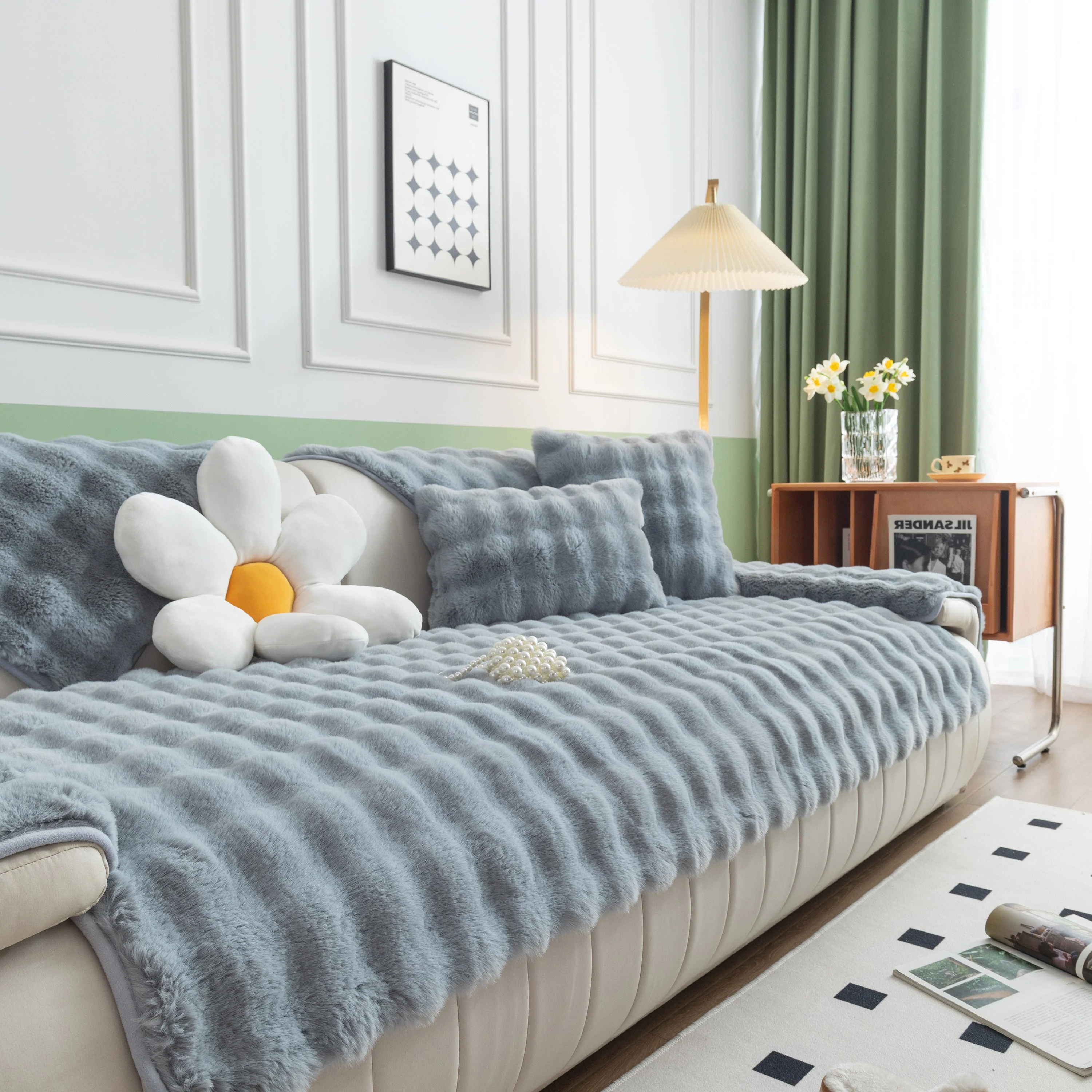 Thick Sofa Cushion Solid Color Faux Fur Fluffy Sofa Cushion Non-Slip Couch Covers - Image 129