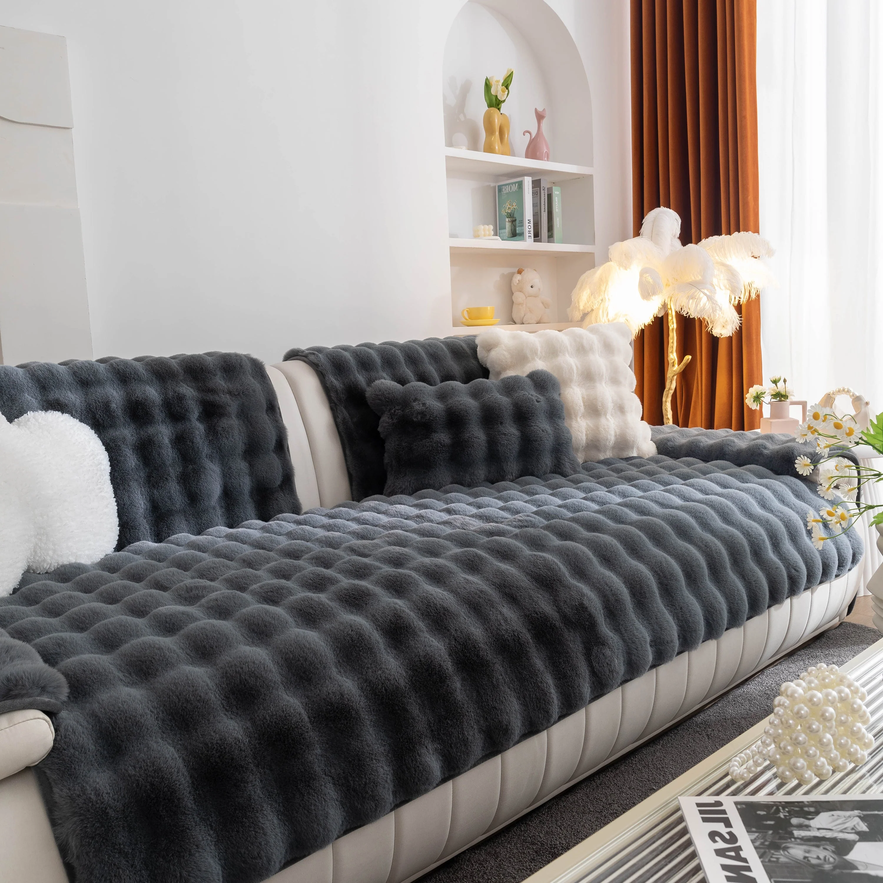 Thick Sofa Cushion Solid Color Faux Fur Fluffy Sofa Cushion Non-Slip Couch Covers - Image 13