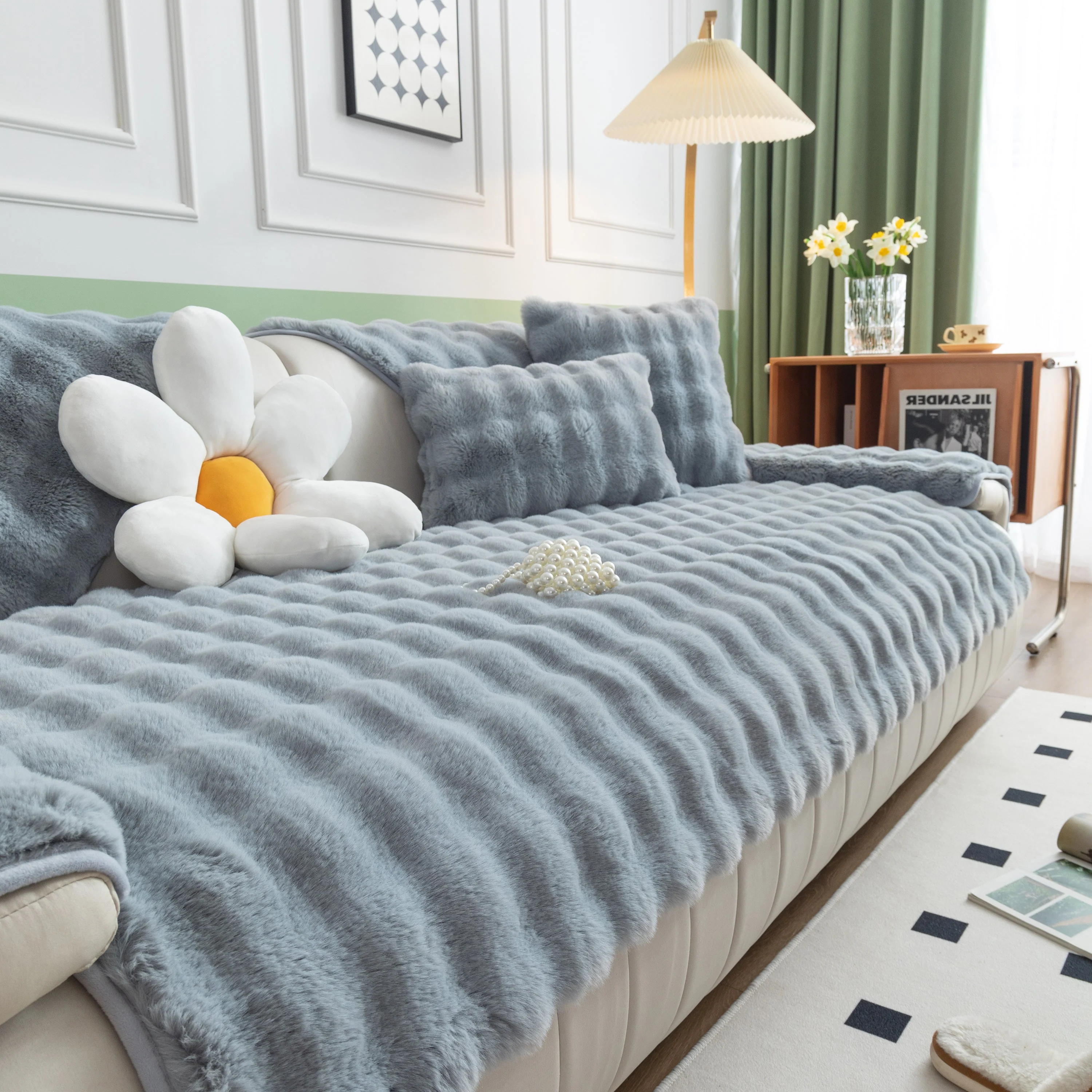 Thick Sofa Cushion Solid Color Faux Fur Fluffy Sofa Cushion Non-Slip Couch Covers - Image 130
