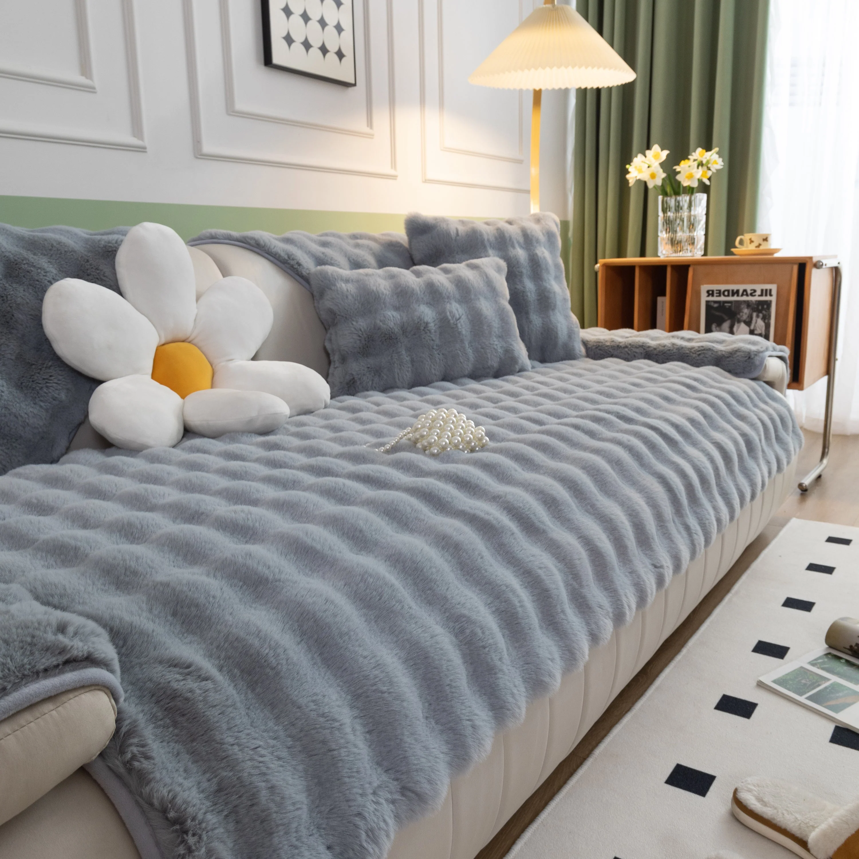 Thick Sofa Cushion Solid Color Faux Fur Fluffy Sofa Cushion Non-Slip Couch Covers - Image 131