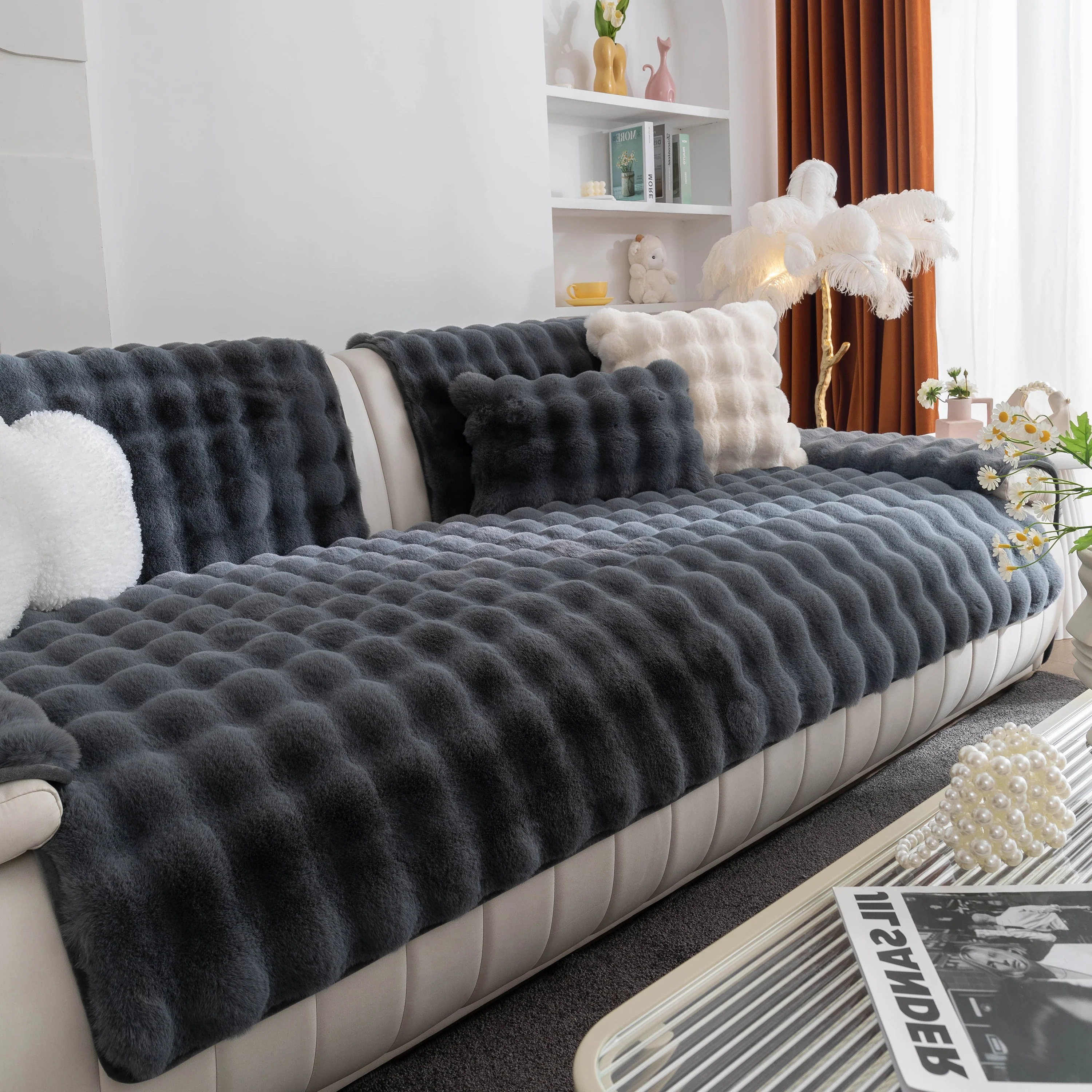 Thick Sofa Cushion Solid Color Faux Fur Fluffy Sofa Cushion Non-Slip Couch Covers - Image 14