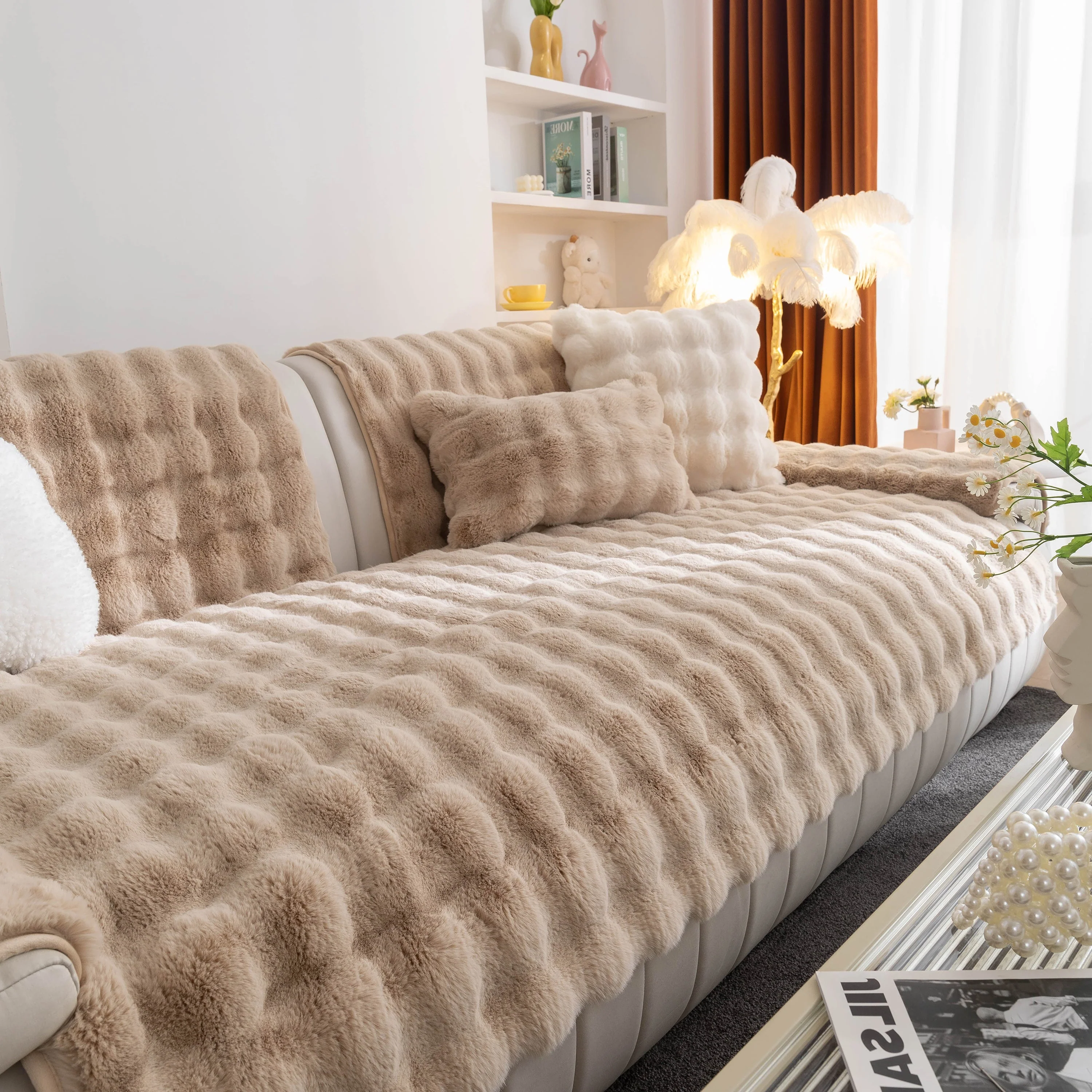 Thick Sofa Cushion Solid Color Faux Fur Fluffy Sofa Cushion Non-Slip Couch Covers - Image 19