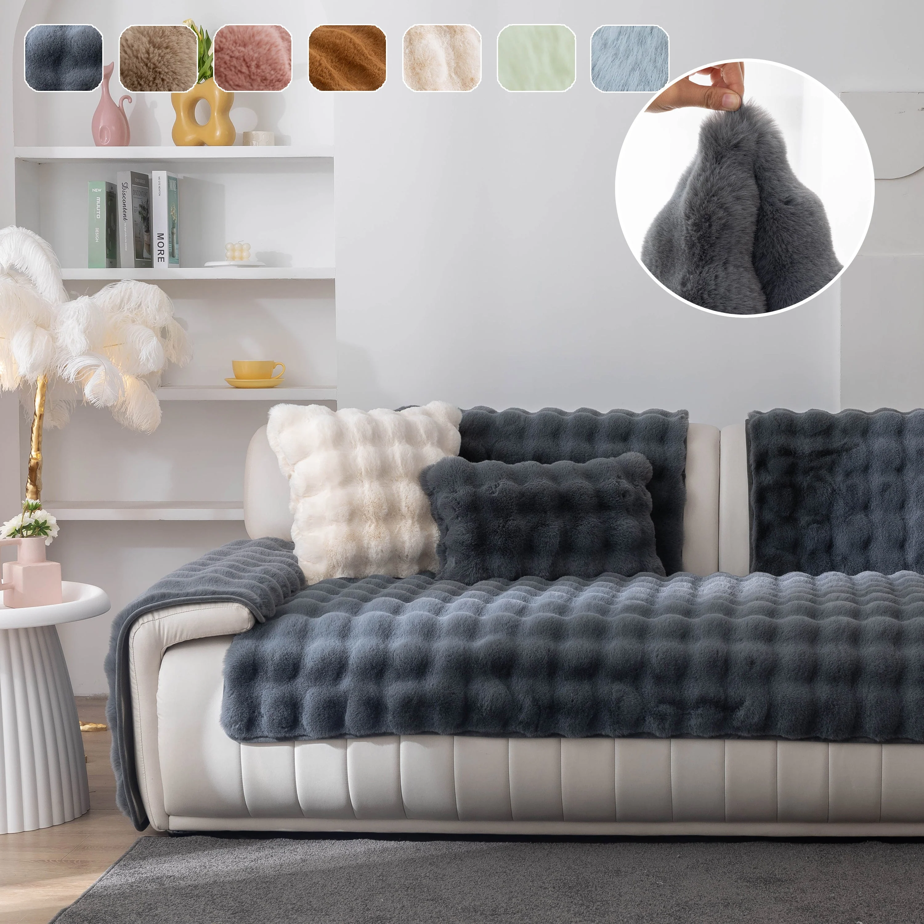 Thick Sofa Cushion Solid Color Faux Fur Fluffy Sofa Cushion Non-Slip Couch Covers - Image 2
