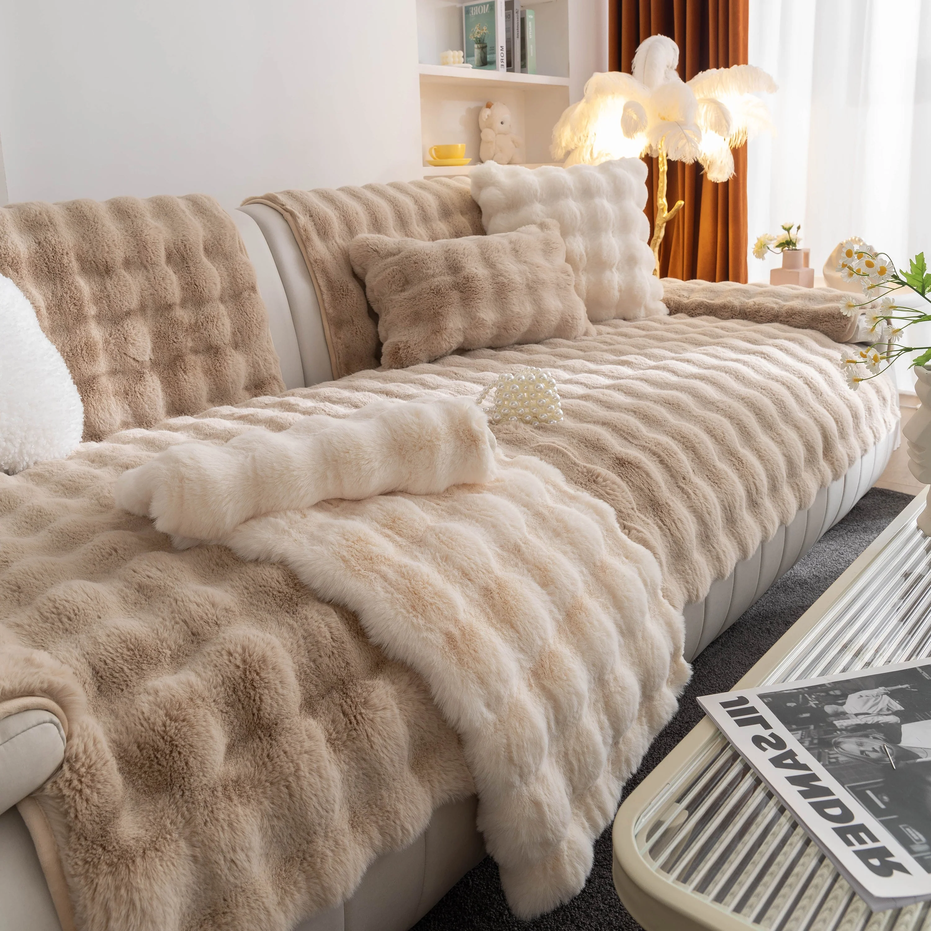 Thick Sofa Cushion Solid Color Faux Fur Fluffy Sofa Cushion Non-Slip Couch Covers - Image 20