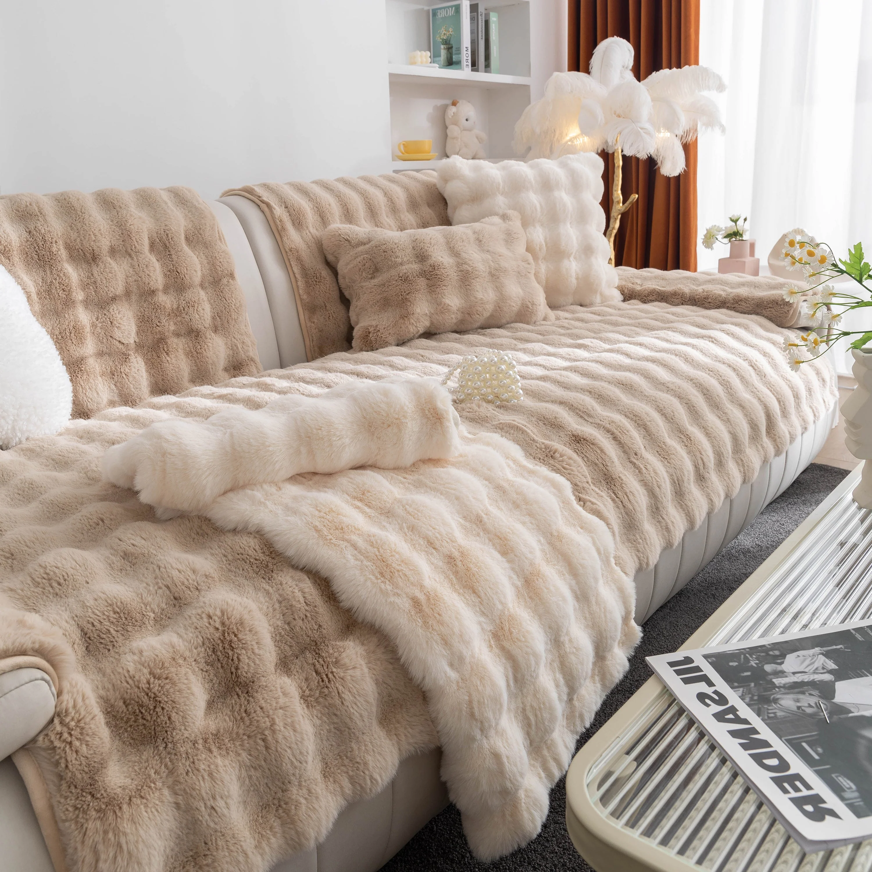 Thick Sofa Cushion Solid Color Faux Fur Fluffy Sofa Cushion Non-Slip Couch Covers - Image 21