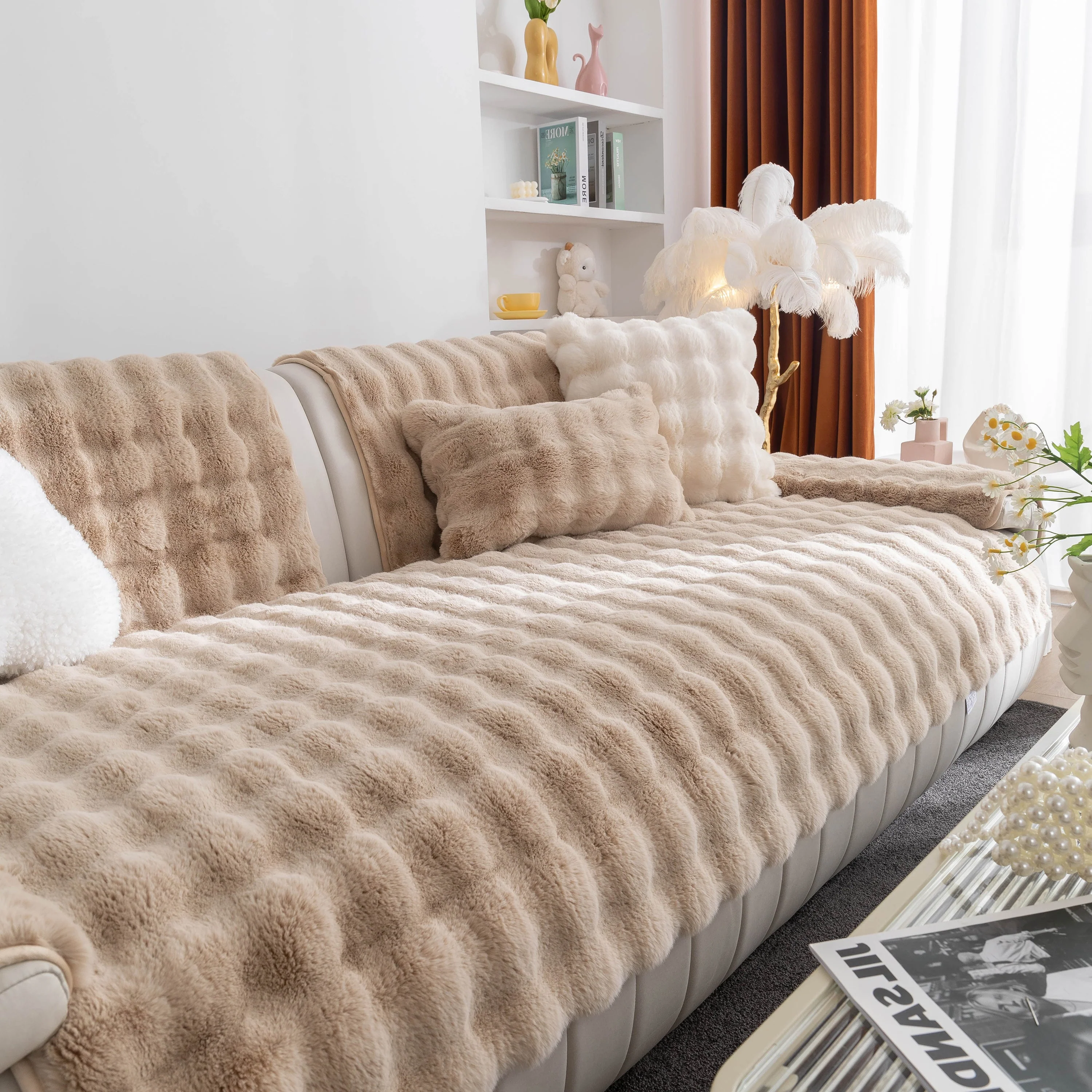 Thick Sofa Cushion Solid Color Faux Fur Fluffy Sofa Cushion Non-Slip Couch Covers - Image 22