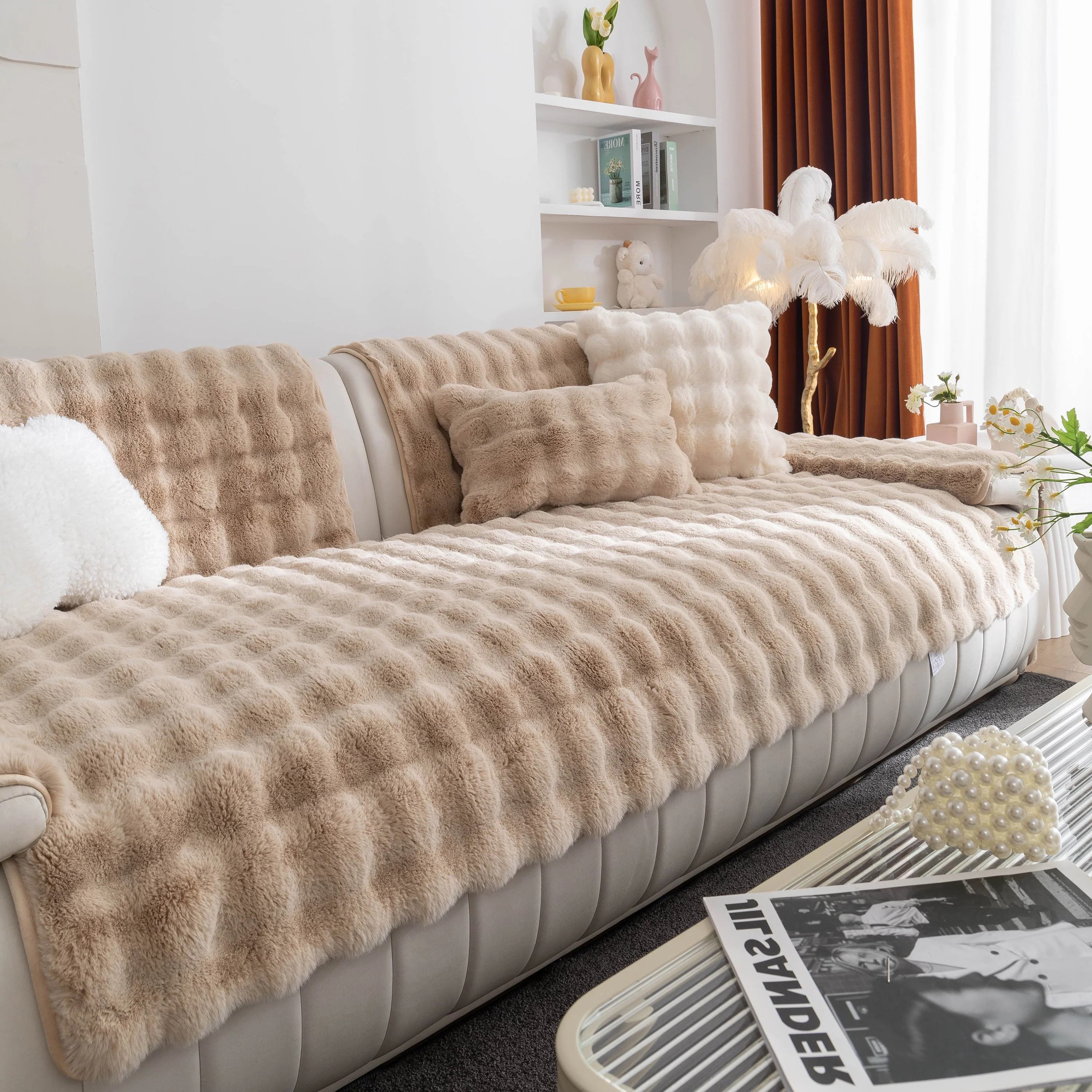 Thick Sofa Cushion Solid Color Faux Fur Fluffy Sofa Cushion Non-Slip Couch Covers - Image 23