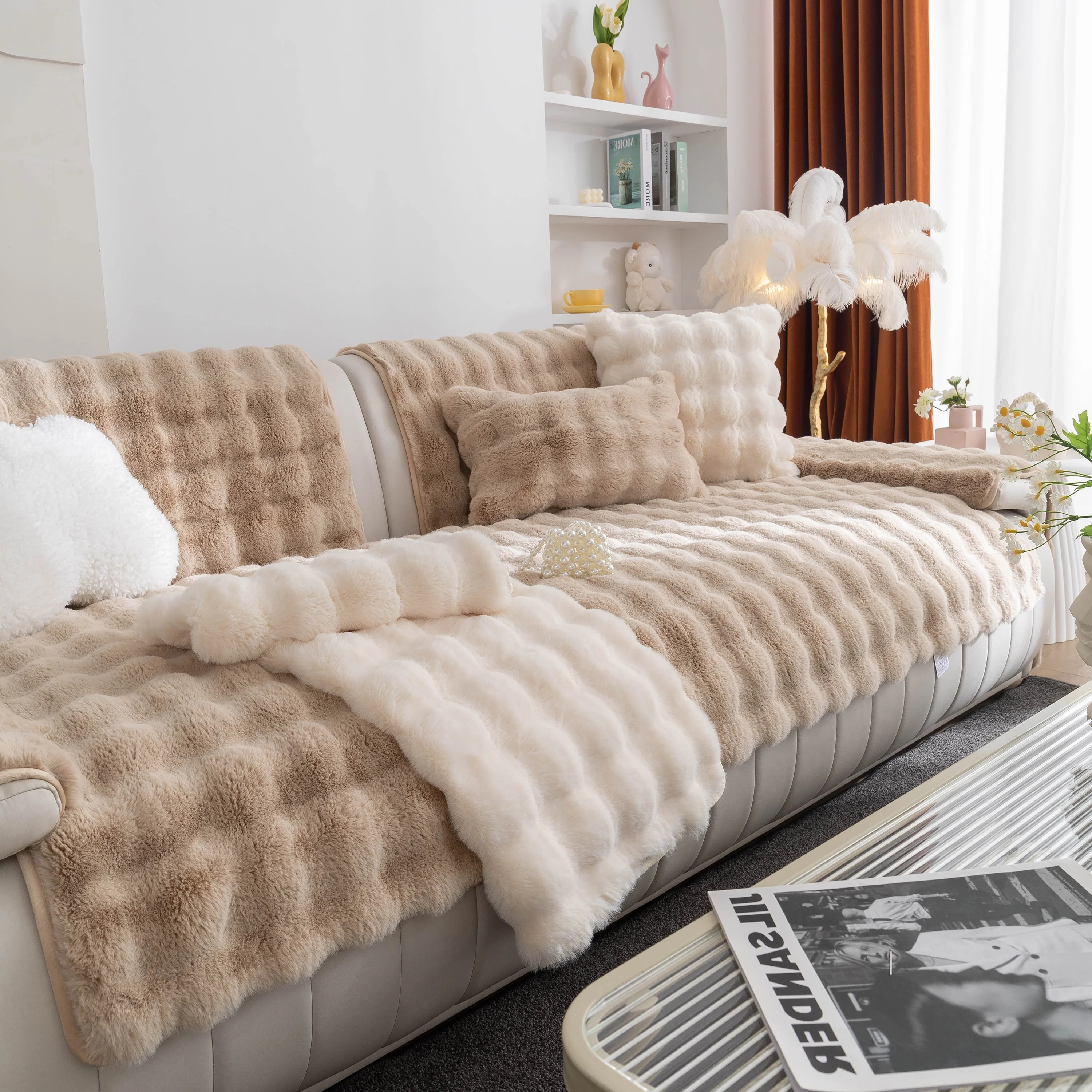Thick Sofa Cushion Solid Color Faux Fur Fluffy Sofa Cushion Non-Slip Couch Covers - Image 24