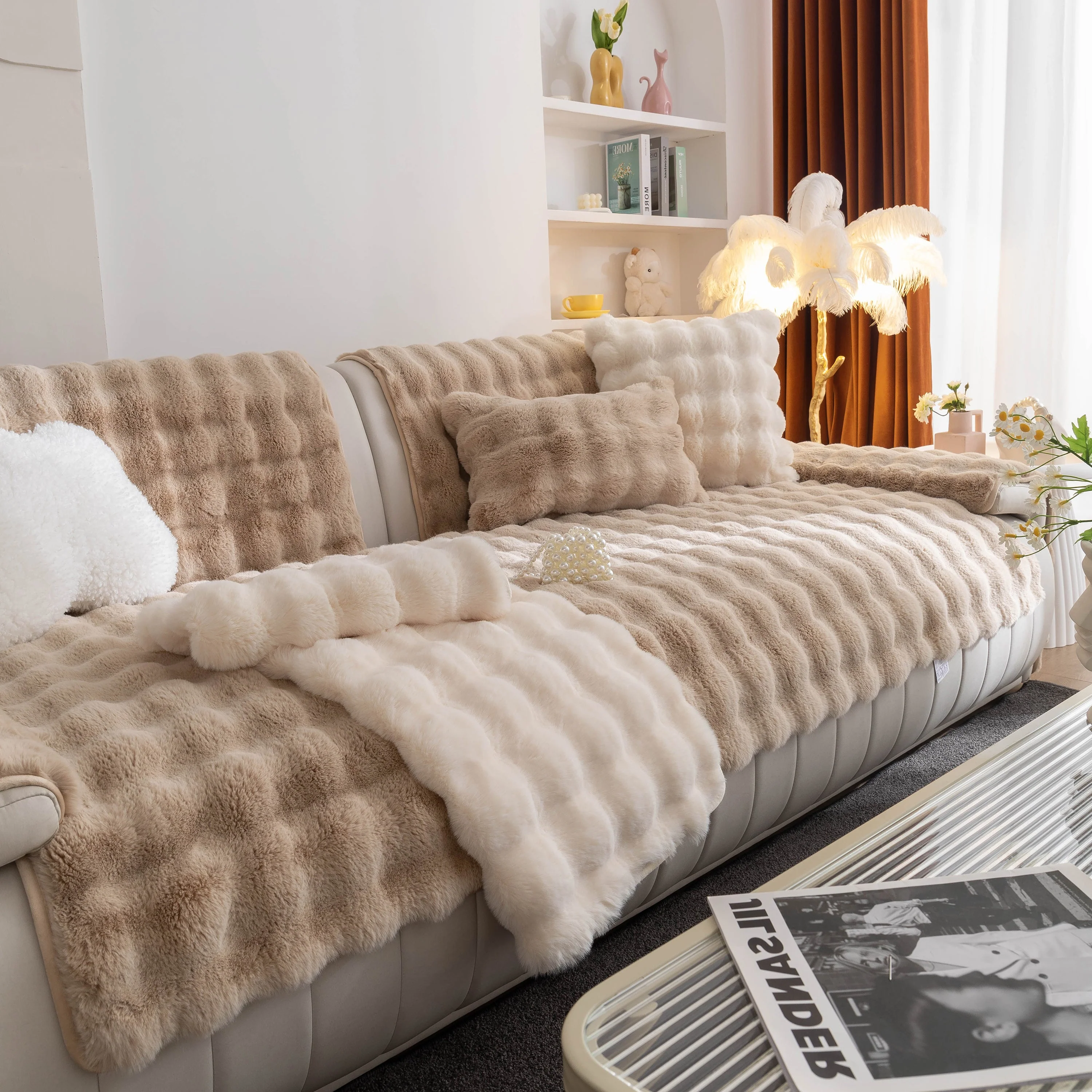 Thick Sofa Cushion Solid Color Faux Fur Fluffy Sofa Cushion Non-Slip Couch Covers - Image 25