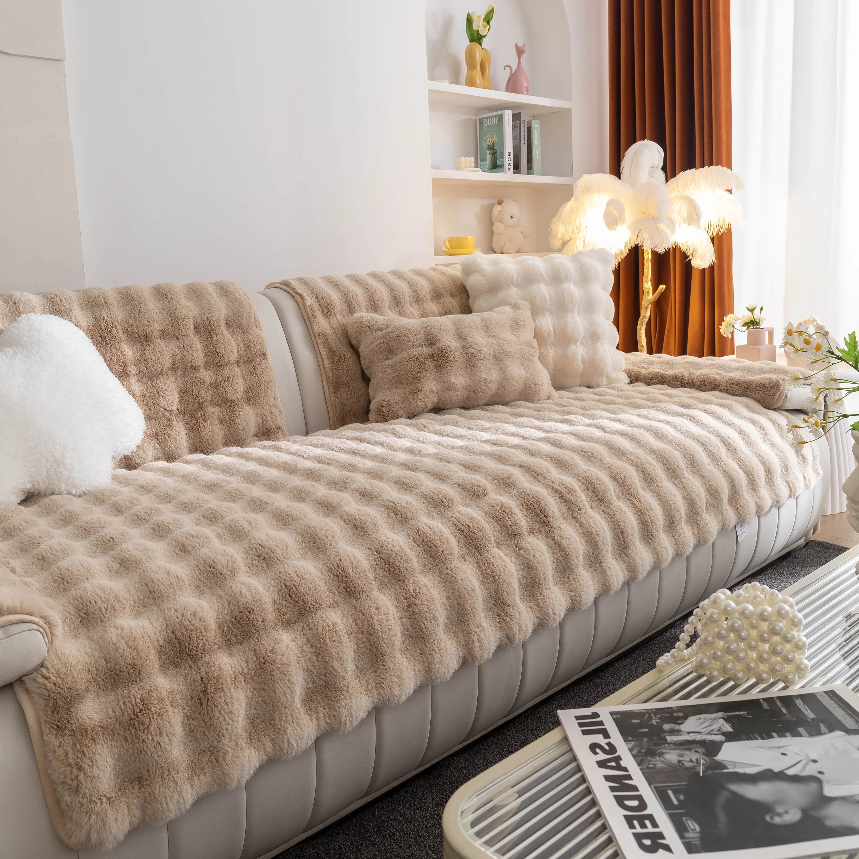 Thick Sofa Cushion Solid Color Faux Fur Fluffy Sofa Cushion Non-Slip Couch Covers - Image 26