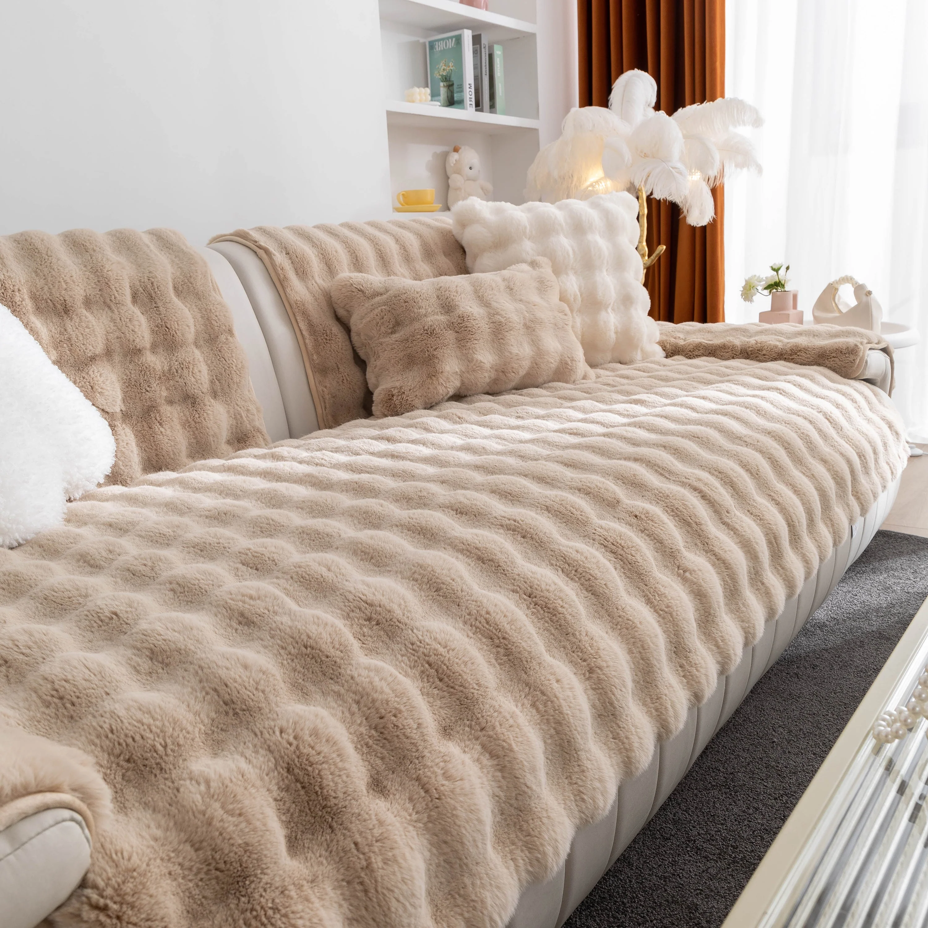 Thick Sofa Cushion Solid Color Faux Fur Fluffy Sofa Cushion Non-Slip Couch Covers - Image 29