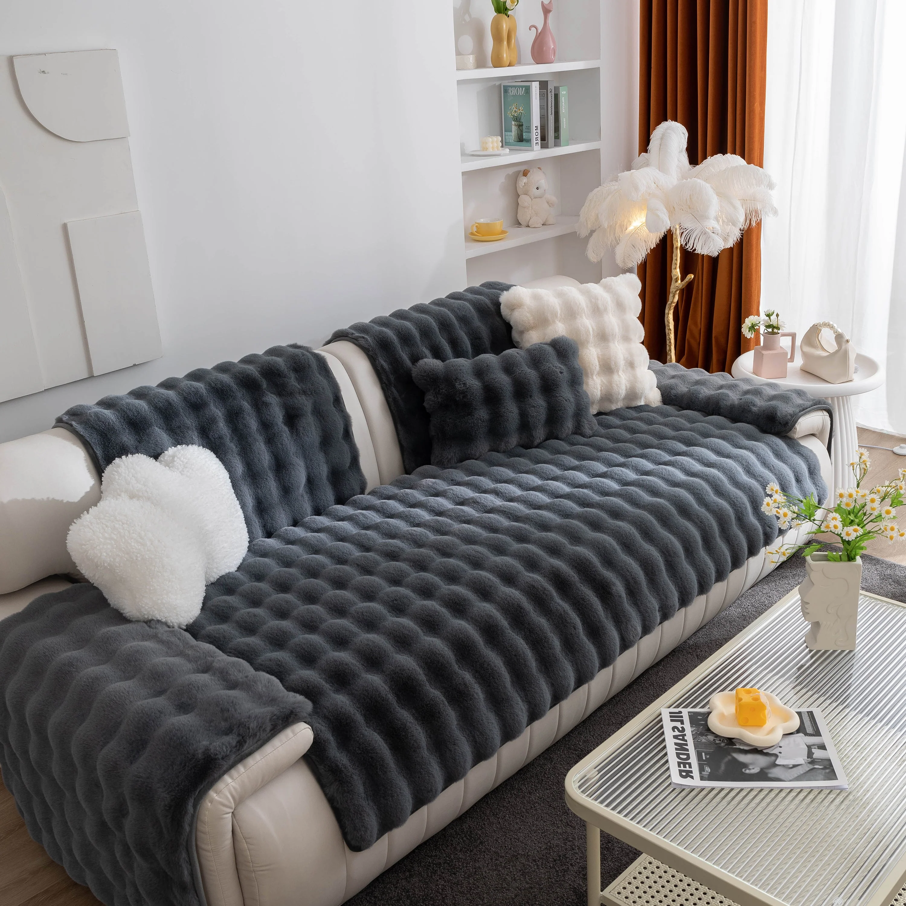Thick Sofa Cushion Solid Color Faux Fur Fluffy Sofa Cushion Non-Slip Couch Covers - Image 3