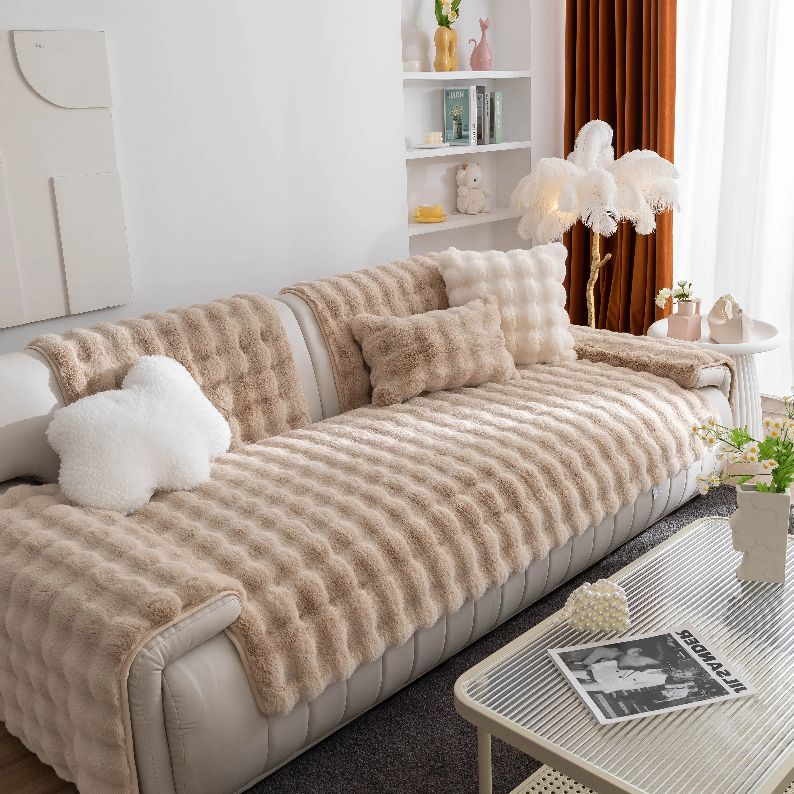 Thick Sofa Cushion Solid Color Faux Fur Fluffy Sofa Cushion Non-Slip Couch Covers - Image 30