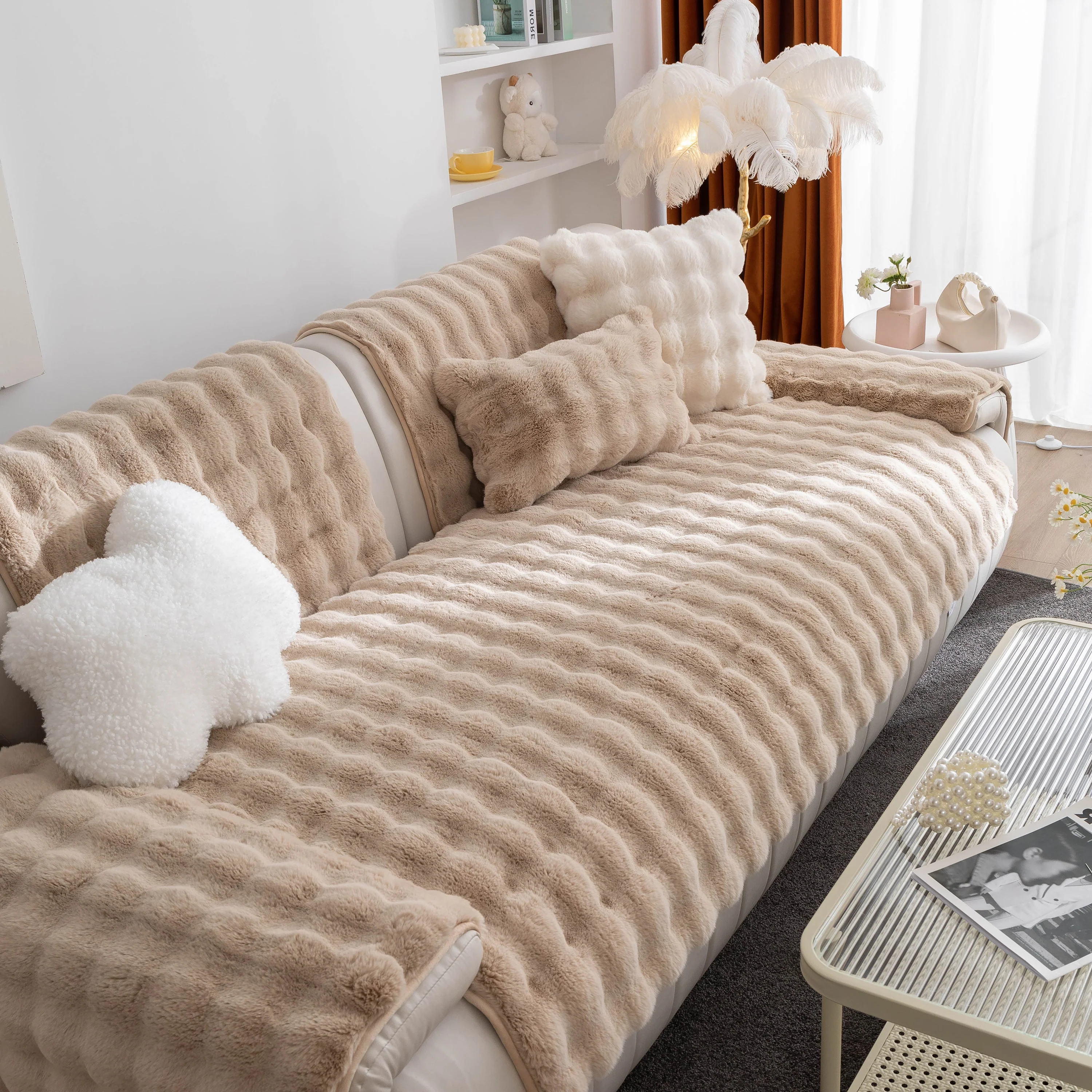 Thick Sofa Cushion Solid Color Faux Fur Fluffy Sofa Cushion Non-Slip Couch Covers - Image 31