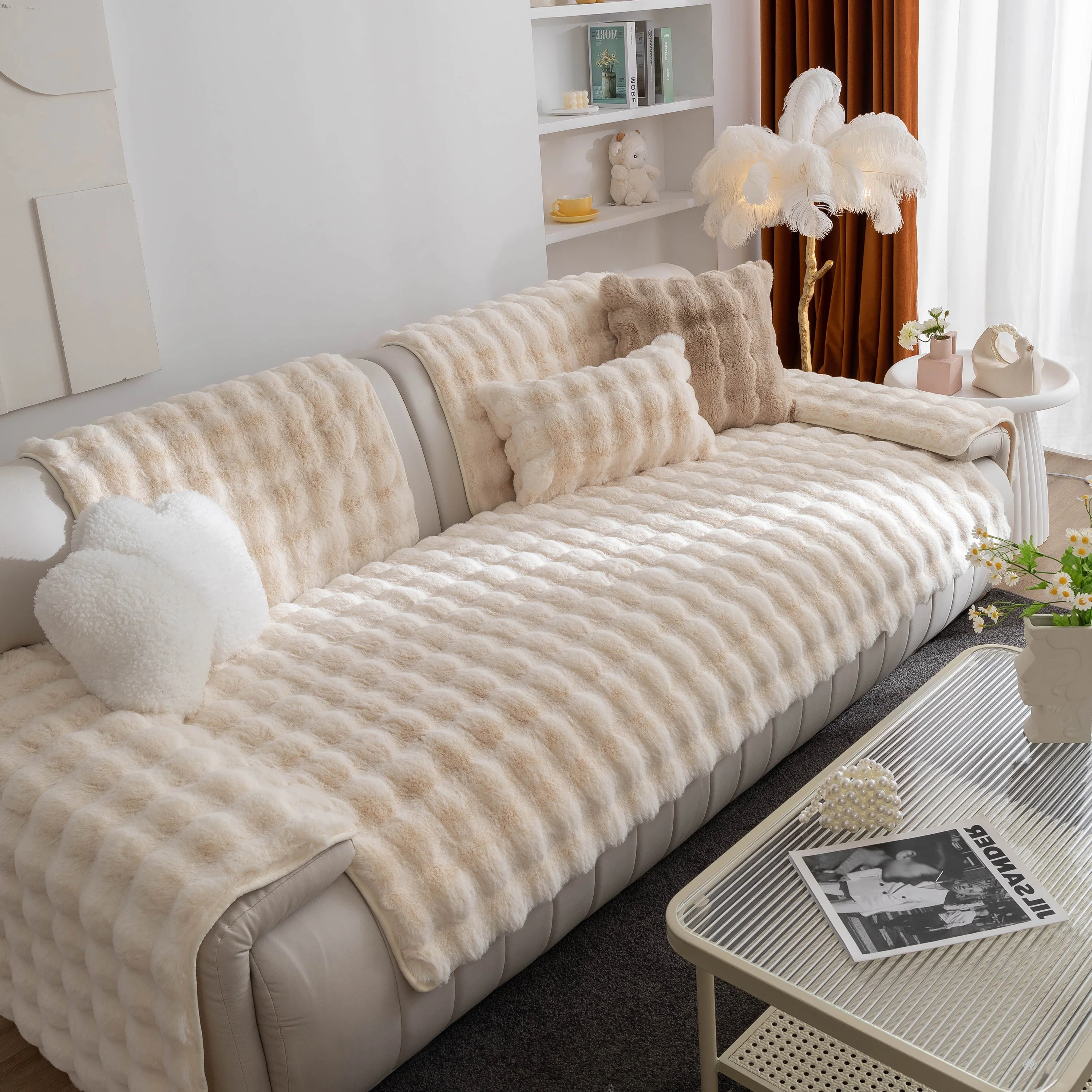 Thick Sofa Cushion Solid Color Faux Fur Fluffy Sofa Cushion Non-Slip Couch Covers - Image 32