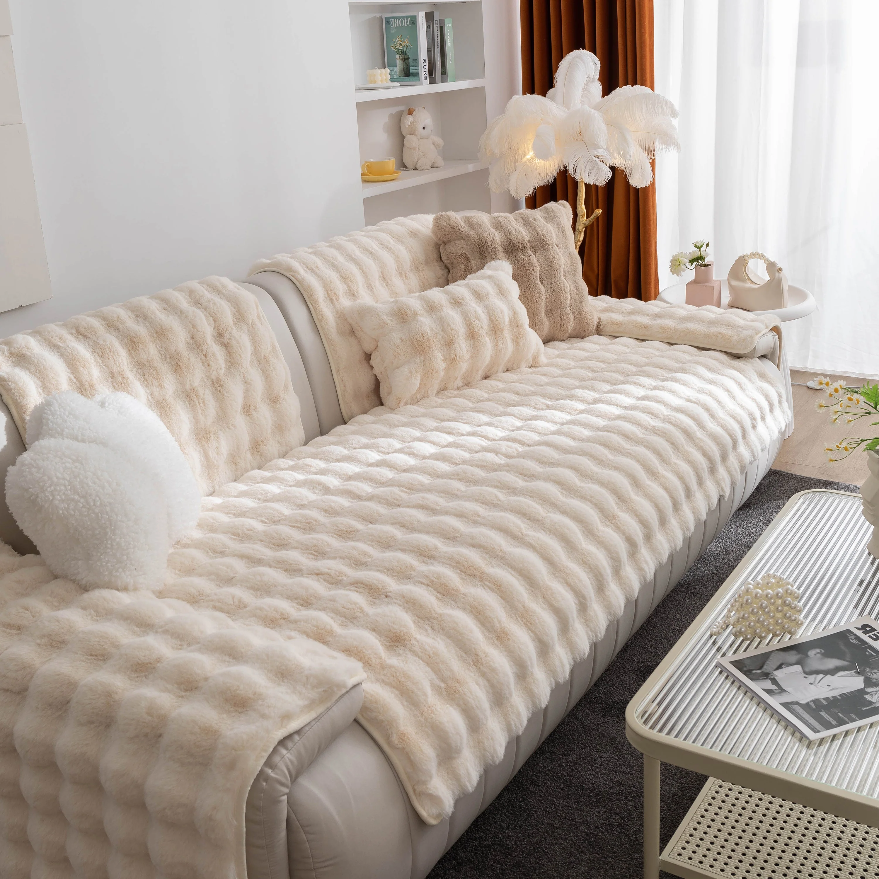 Thick Sofa Cushion Solid Color Faux Fur Fluffy Sofa Cushion Non-Slip Couch Covers - Image 33