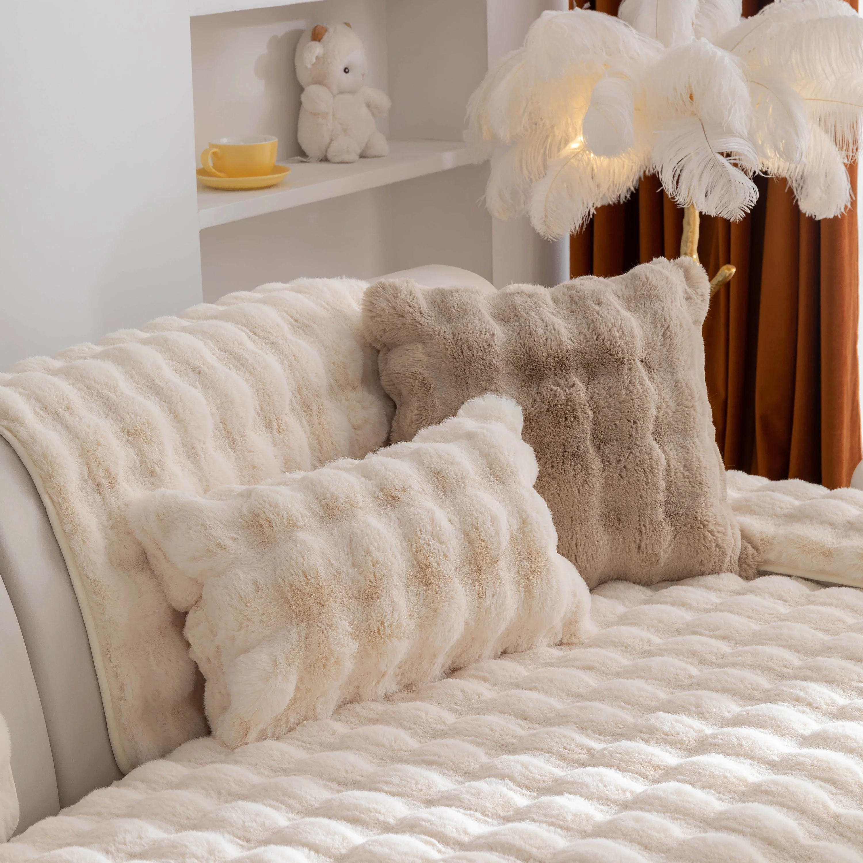 Thick Sofa Cushion Solid Color Faux Fur Fluffy Sofa Cushion Non-Slip Couch Covers - Image 35