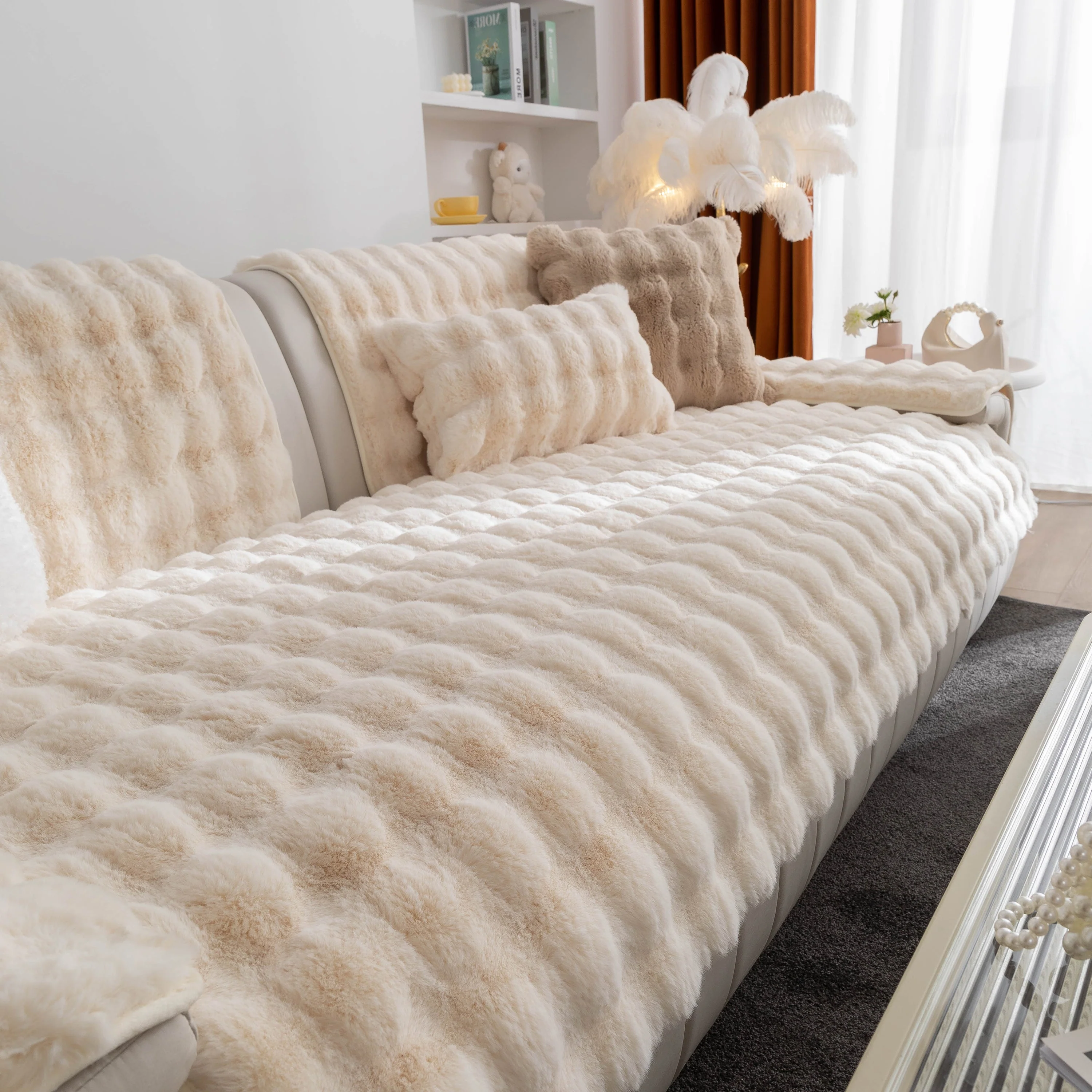 Thick Sofa Cushion Solid Color Faux Fur Fluffy Sofa Cushion Non-Slip Couch Covers - Image 36