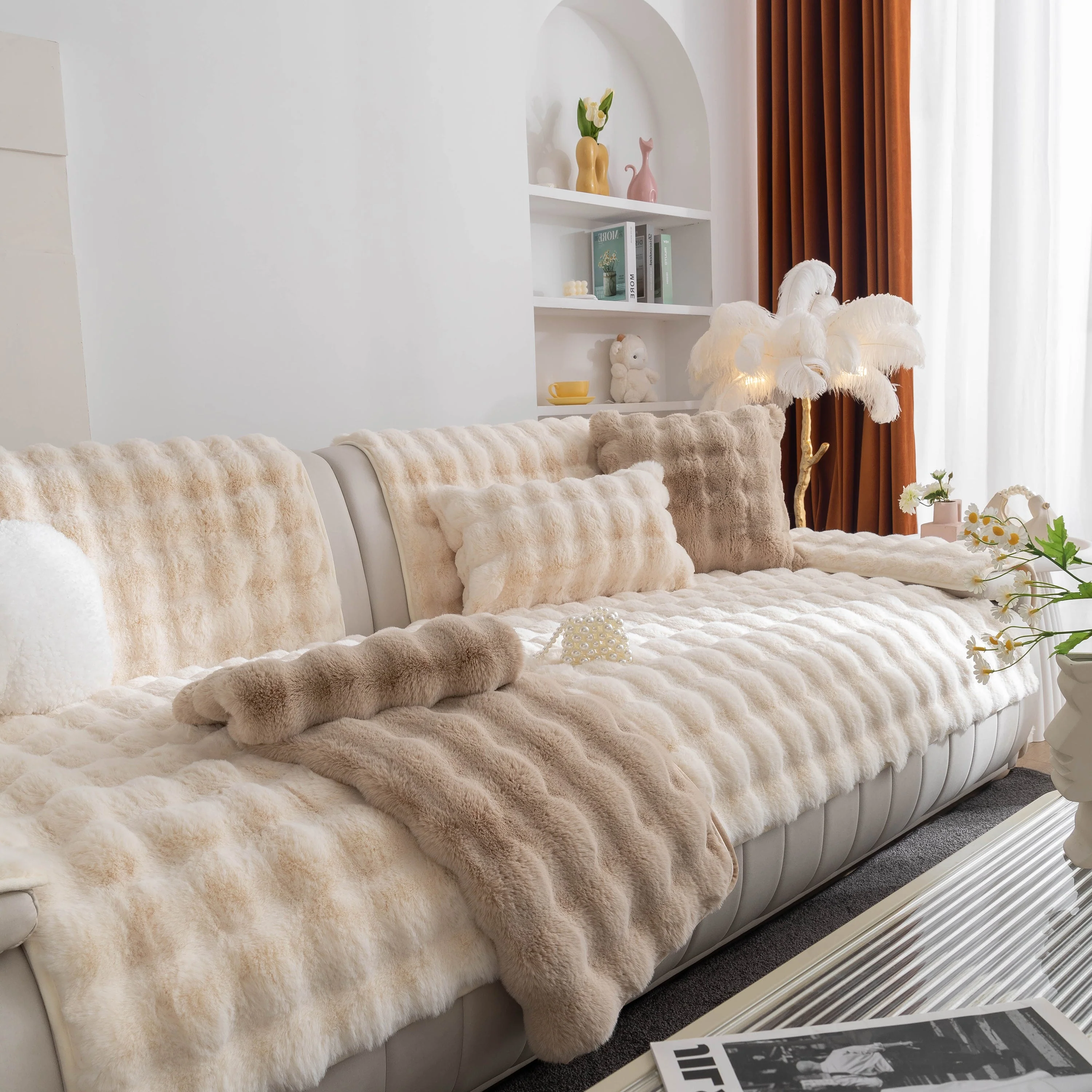 Thick Sofa Cushion Solid Color Faux Fur Fluffy Sofa Cushion Non-Slip Couch Covers - Image 37