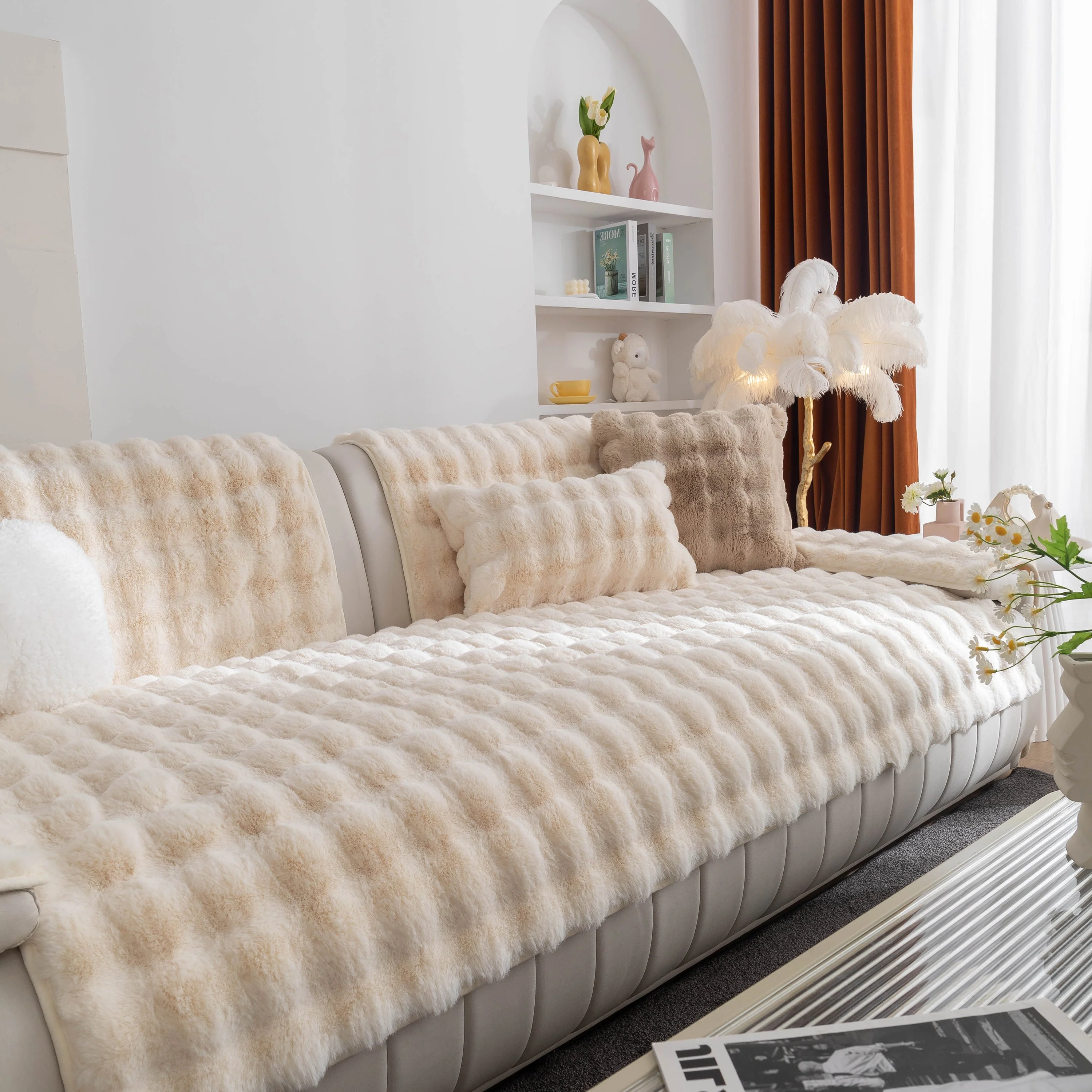 Thick Sofa Cushion Solid Color Faux Fur Fluffy Sofa Cushion Non-Slip Couch Covers - Image 38