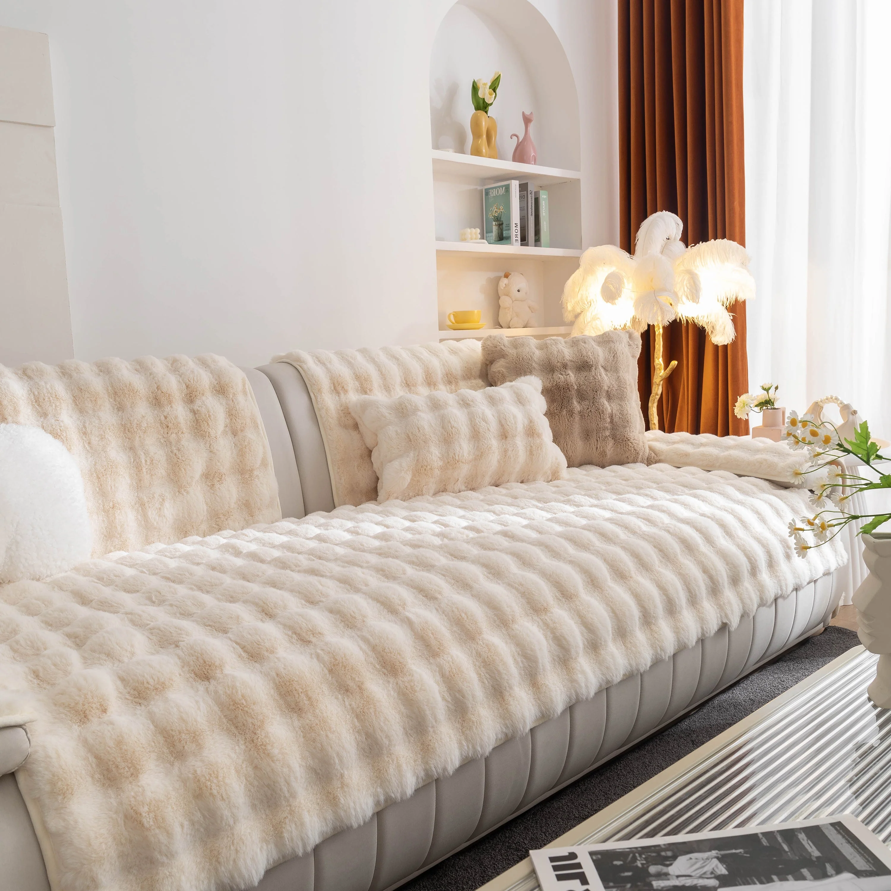 Thick Sofa Cushion Solid Color Faux Fur Fluffy Sofa Cushion Non-Slip Couch Covers - Image 39