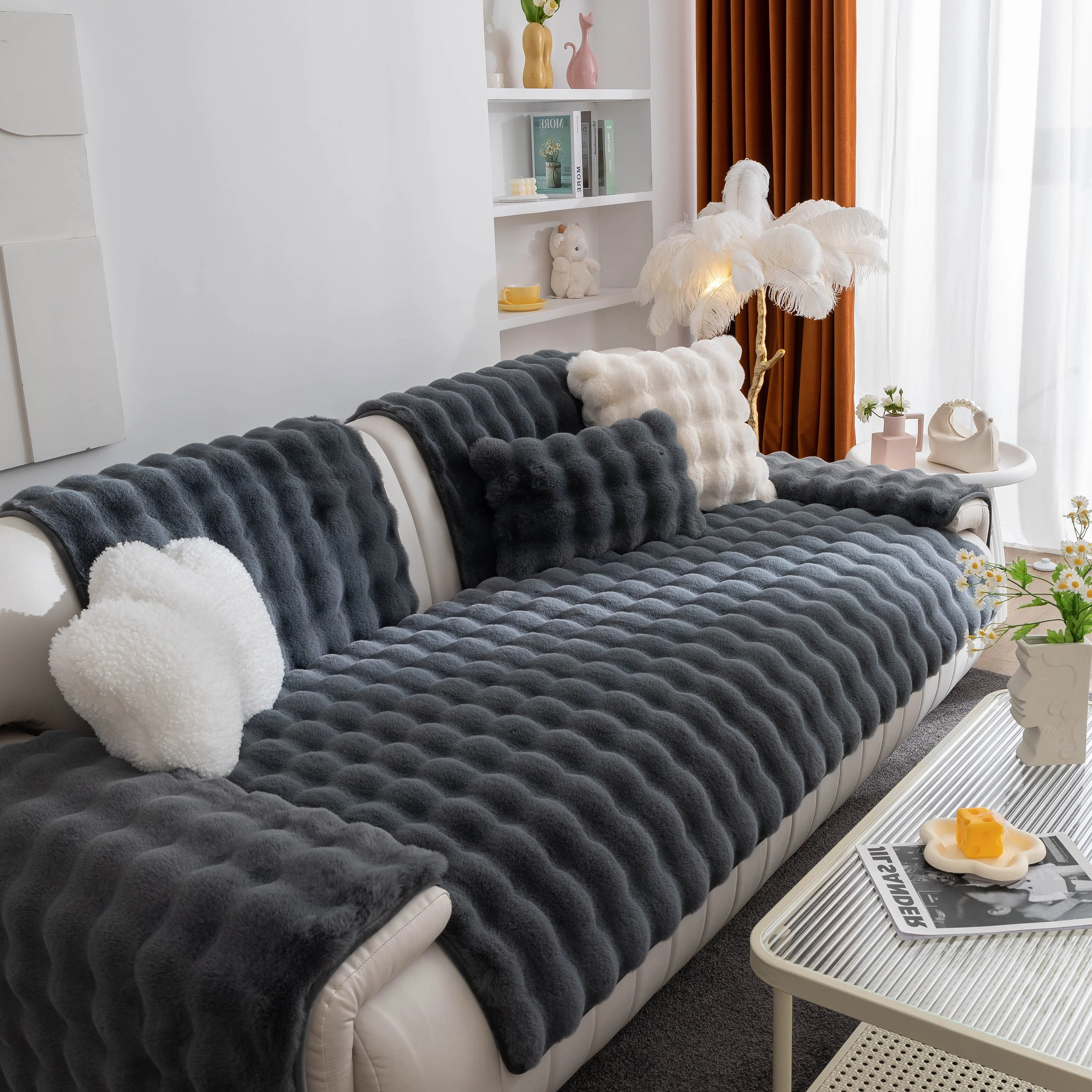 Thick Sofa Cushion Solid Color Faux Fur Fluffy Sofa Cushion Non-Slip Couch Covers - Image 4