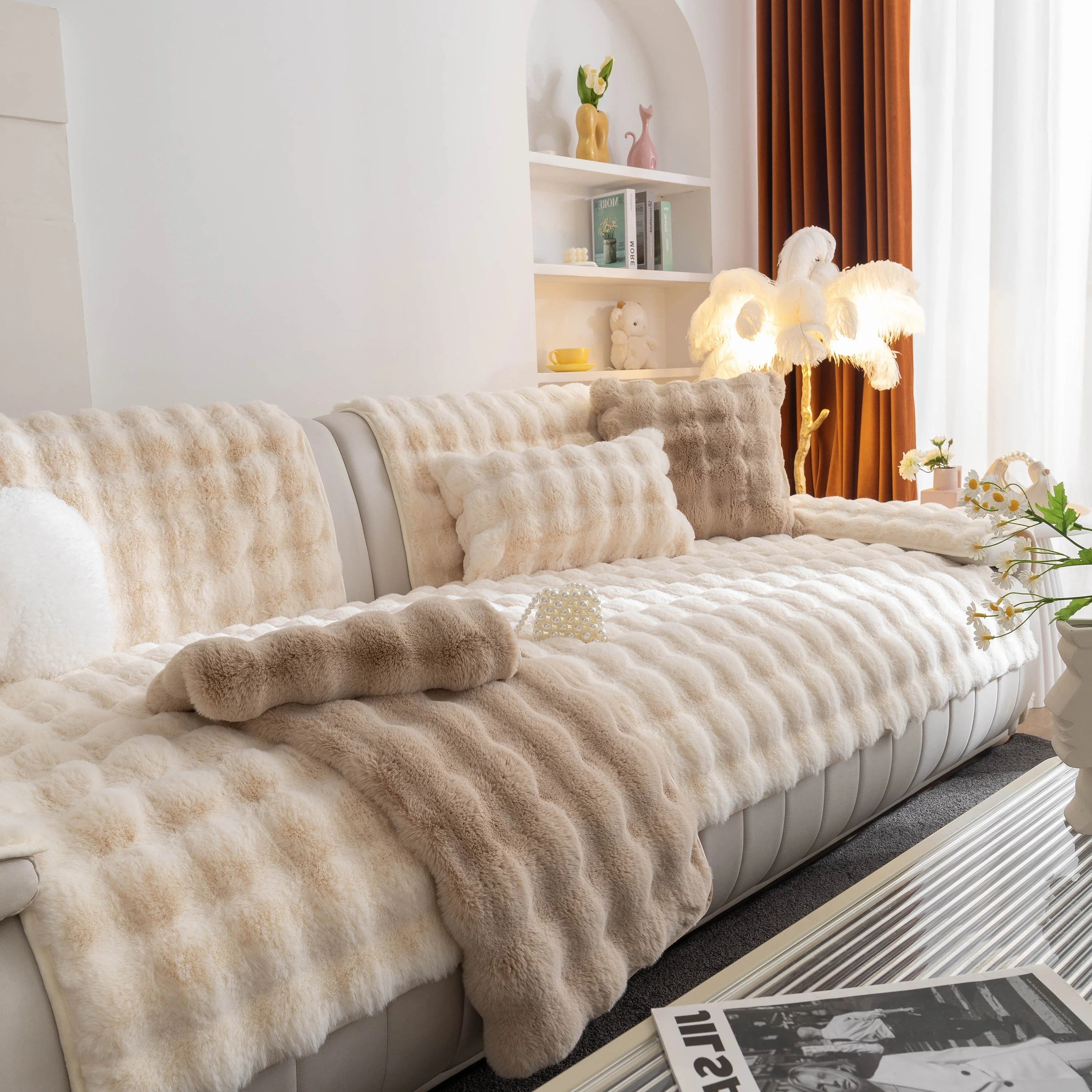 Thick Sofa Cushion Solid Color Faux Fur Fluffy Sofa Cushion Non-Slip Couch Covers - Image 40