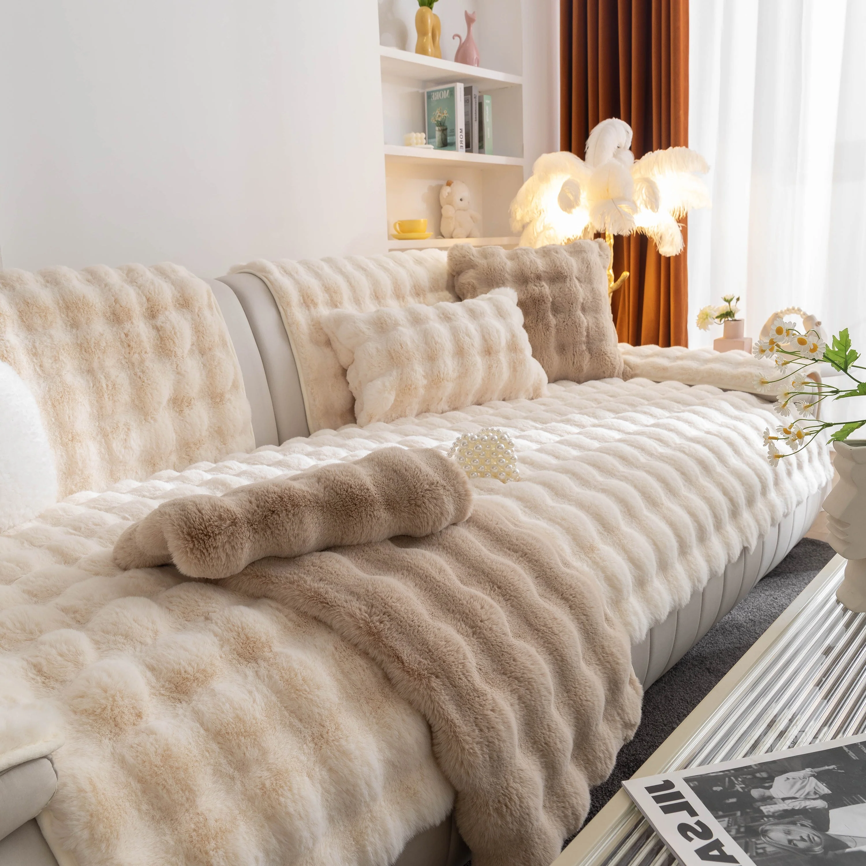 Thick Sofa Cushion Solid Color Faux Fur Fluffy Sofa Cushion Non-Slip Couch Covers - Image 41
