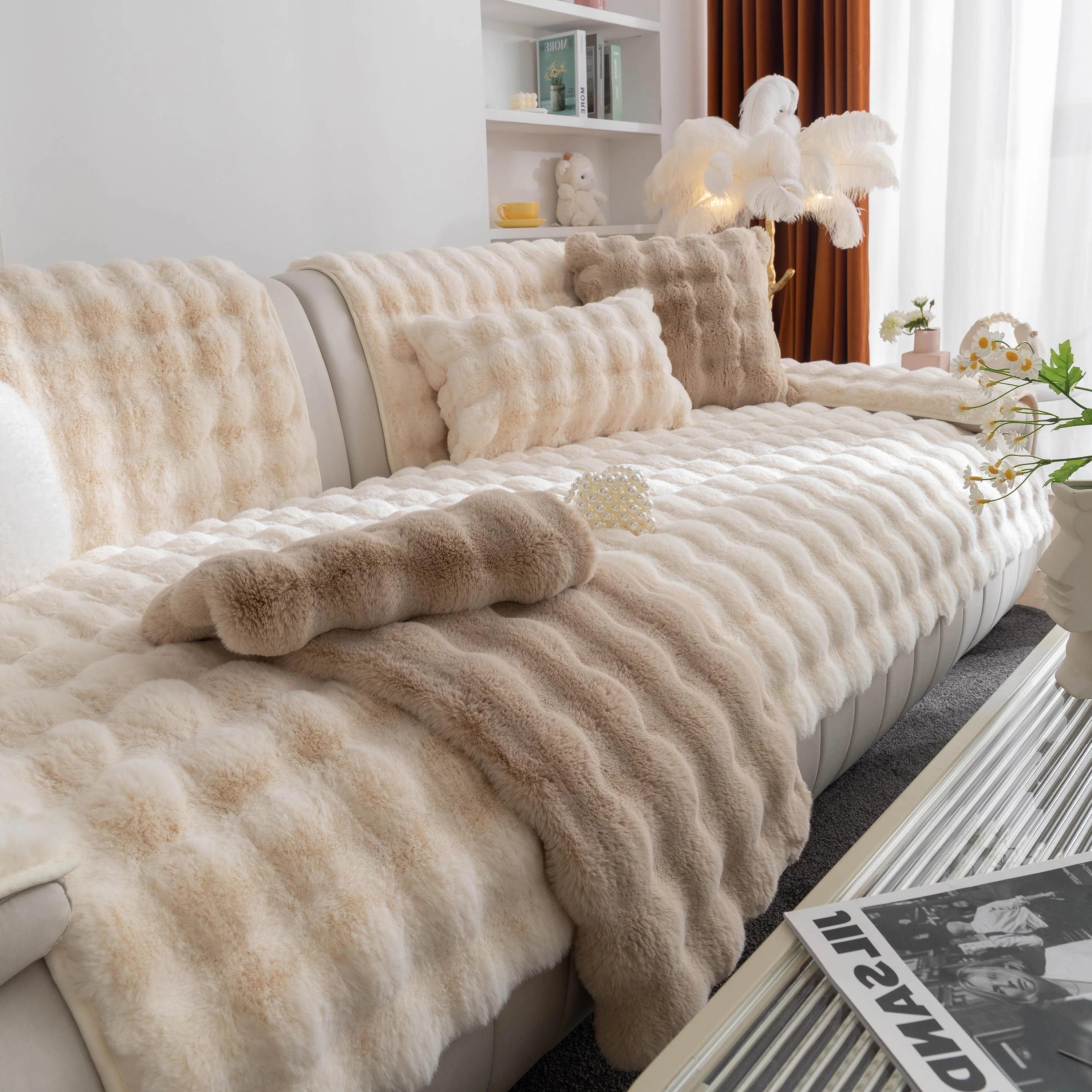 Thick Sofa Cushion Solid Color Faux Fur Fluffy Sofa Cushion Non-Slip Couch Covers - Image 42