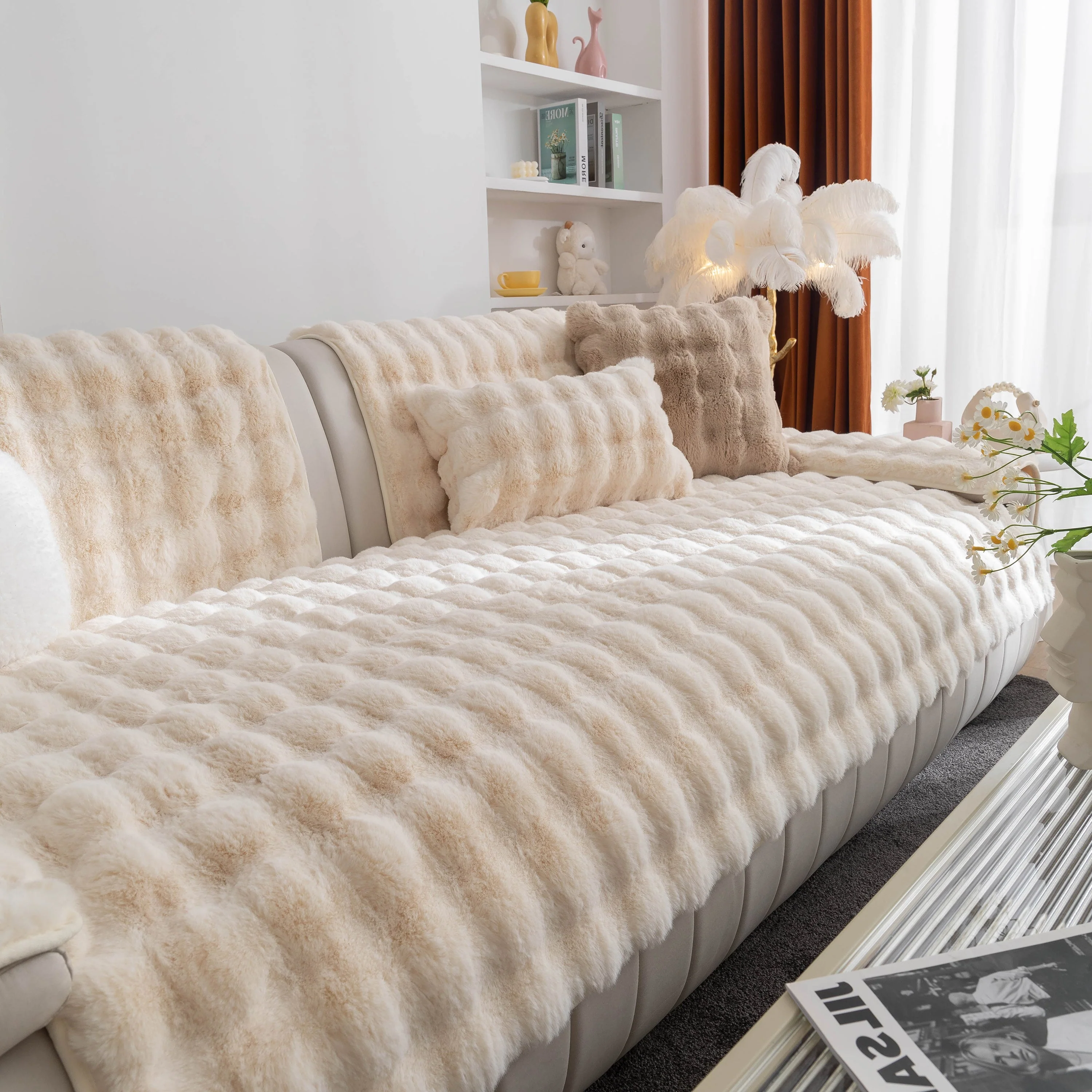 Thick Sofa Cushion Solid Color Faux Fur Fluffy Sofa Cushion Non-Slip Couch Covers - Image 43