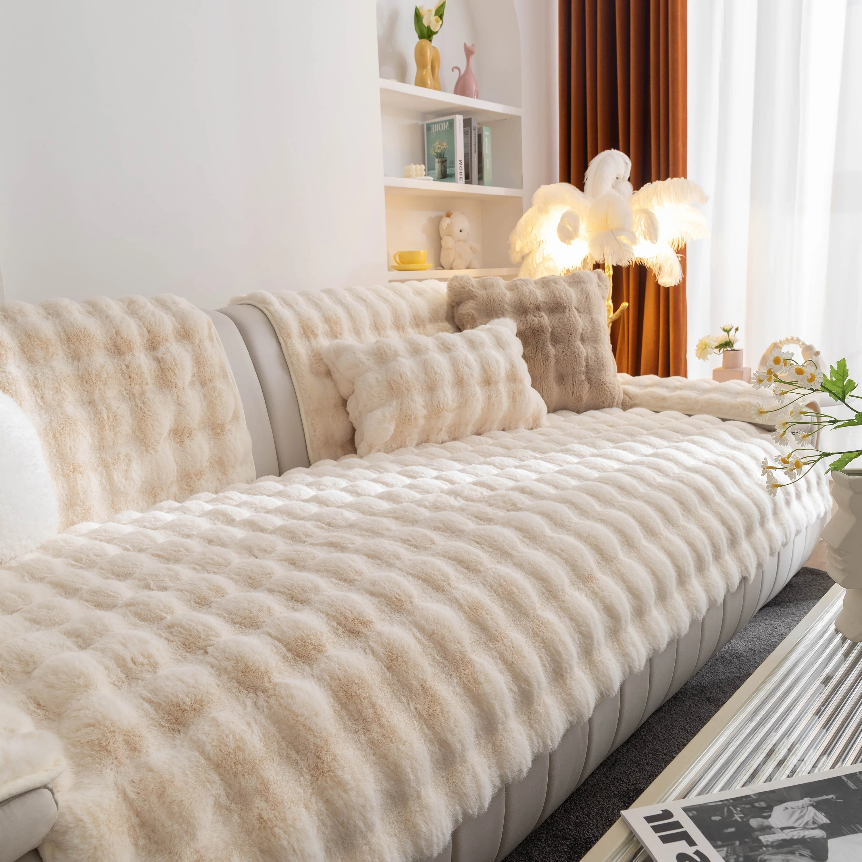 Thick Sofa Cushion Solid Color Faux Fur Fluffy Sofa Cushion Non-Slip Couch Covers - Image 44