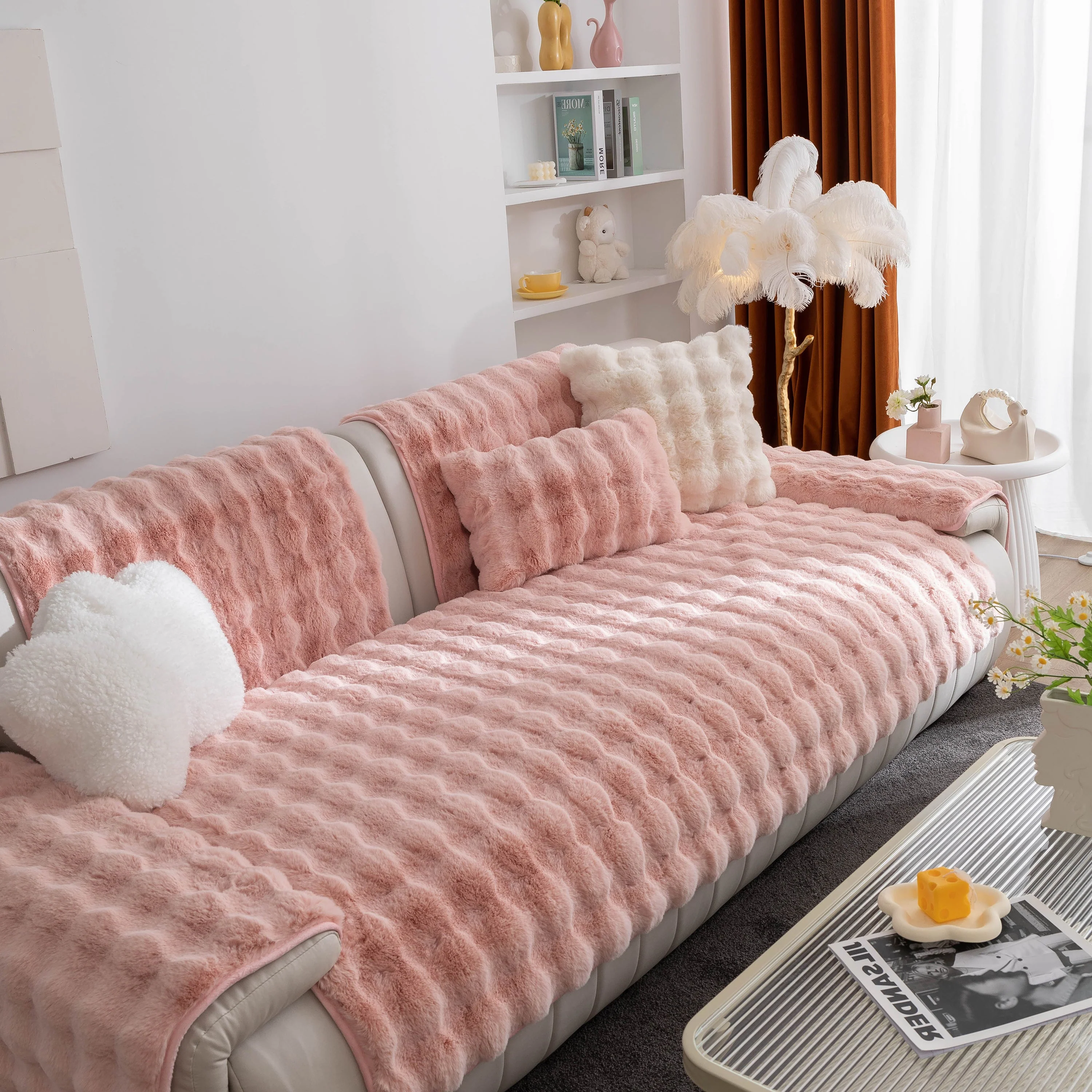 Thick Sofa Cushion Solid Color Faux Fur Fluffy Sofa Cushion Non-Slip Couch Covers - Image 47