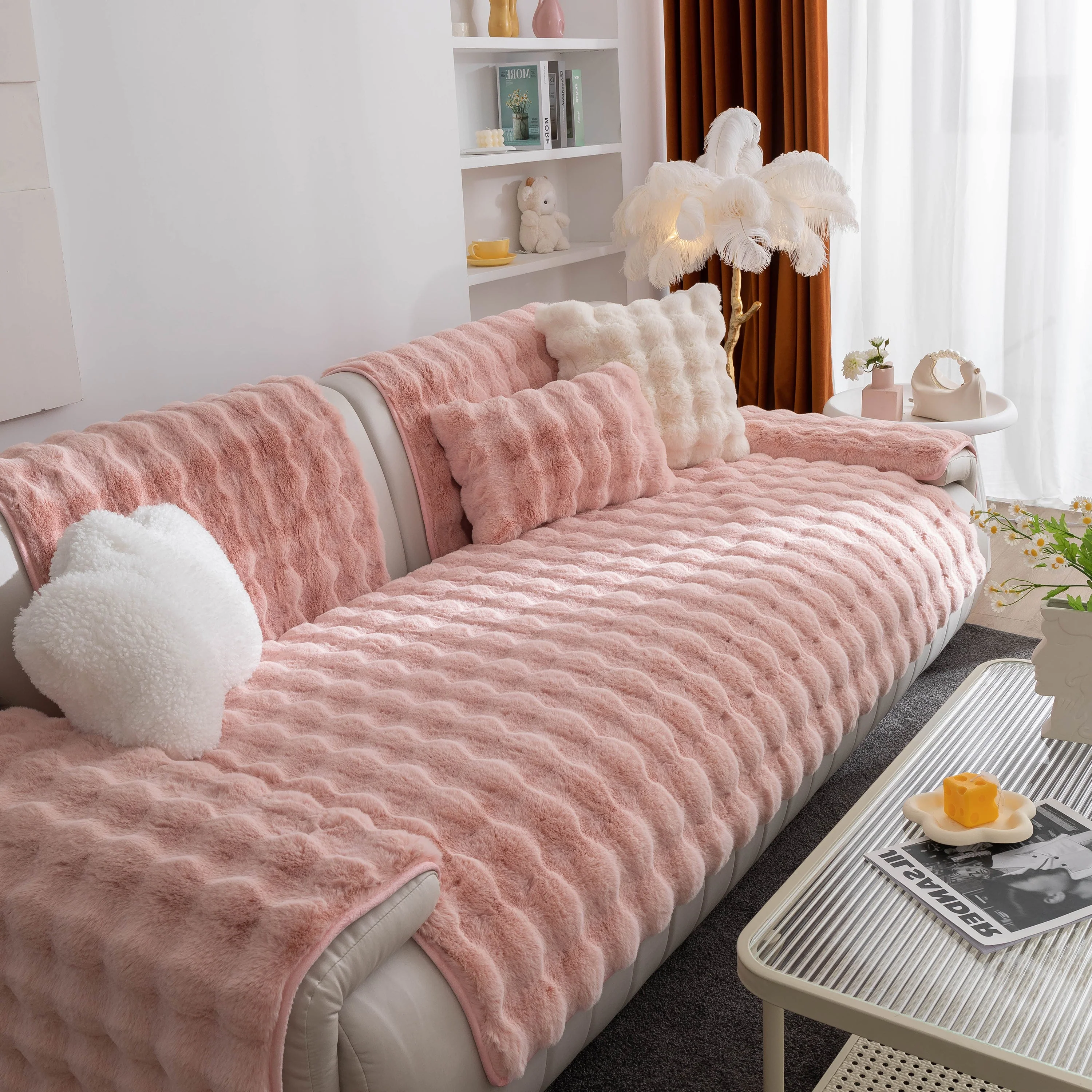 Thick Sofa Cushion Solid Color Faux Fur Fluffy Sofa Cushion Non-Slip Couch Covers - Image 48