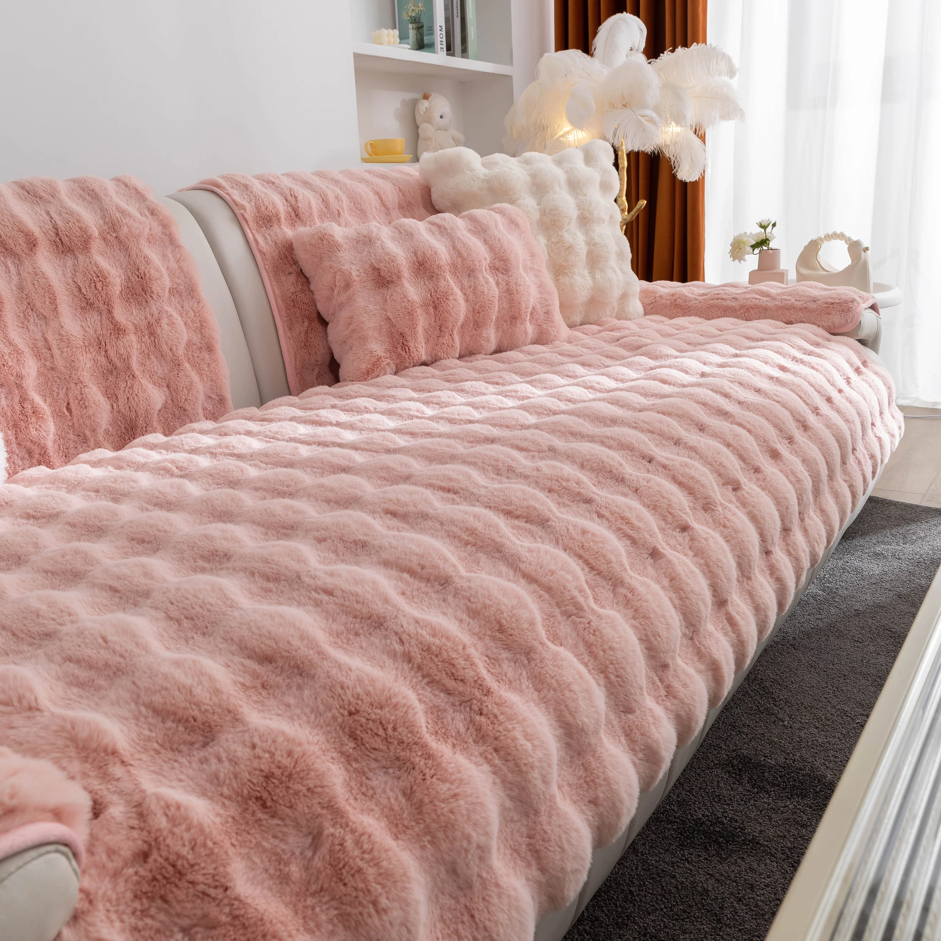 Thick Sofa Cushion Solid Color Faux Fur Fluffy Sofa Cushion Non-Slip Couch Covers - Image 49