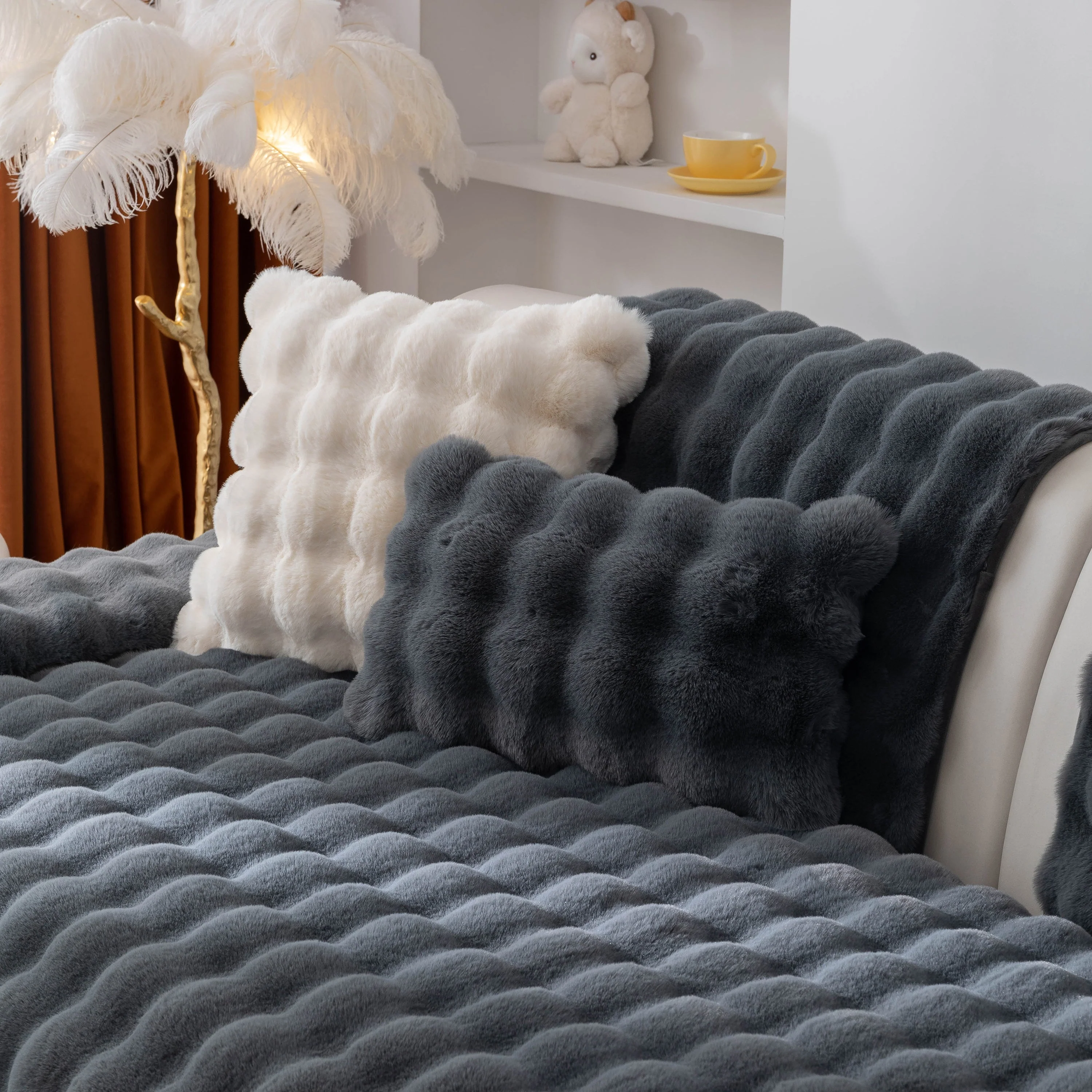 Thick Sofa Cushion Solid Color Faux Fur Fluffy Sofa Cushion Non-Slip Couch Covers - Image 5