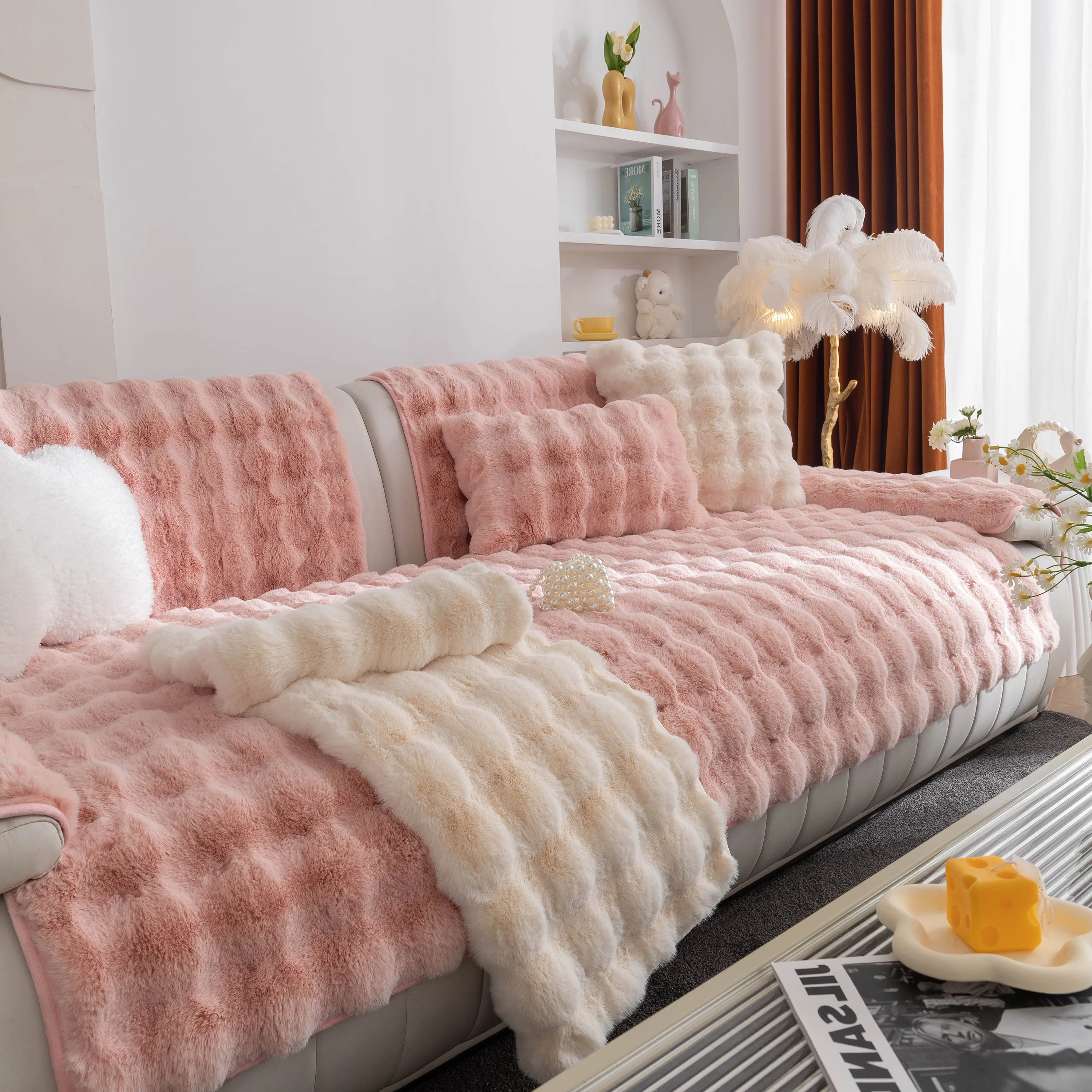 Thick Sofa Cushion Solid Color Faux Fur Fluffy Sofa Cushion Non-Slip Couch Covers - Image 50