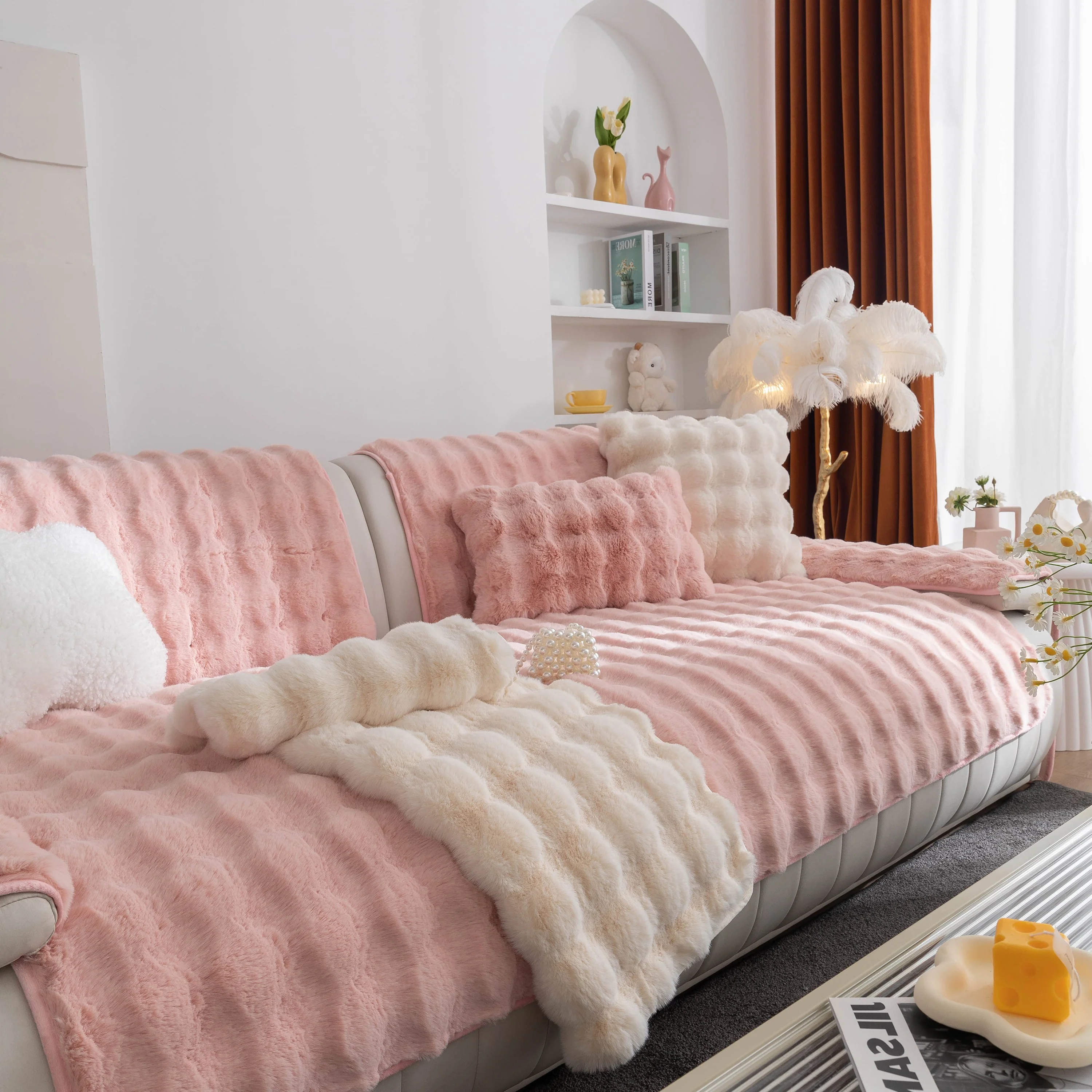 Thick Sofa Cushion Solid Color Faux Fur Fluffy Sofa Cushion Non-Slip Couch Covers - Image 51