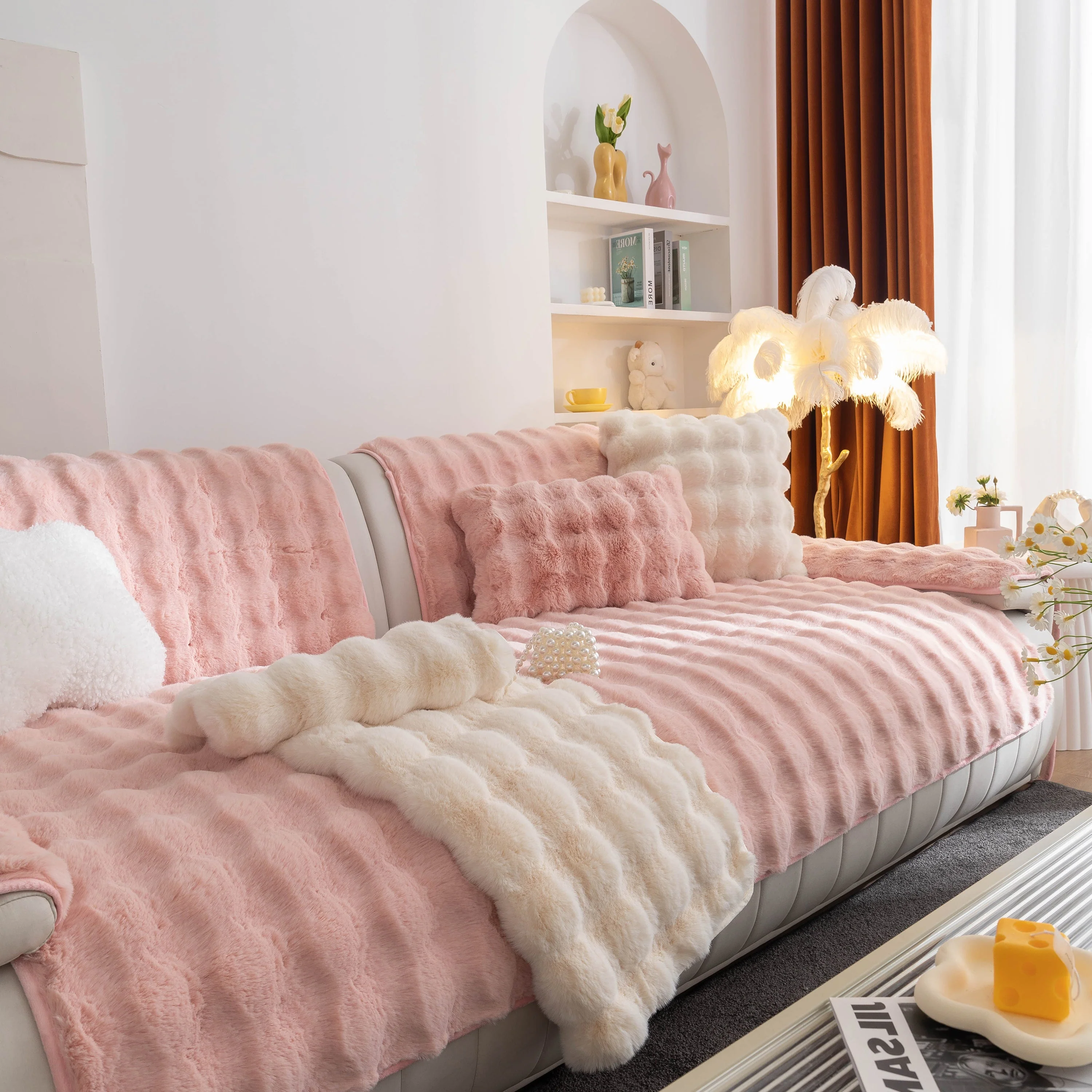 Thick Sofa Cushion Solid Color Faux Fur Fluffy Sofa Cushion Non-Slip Couch Covers - Image 52