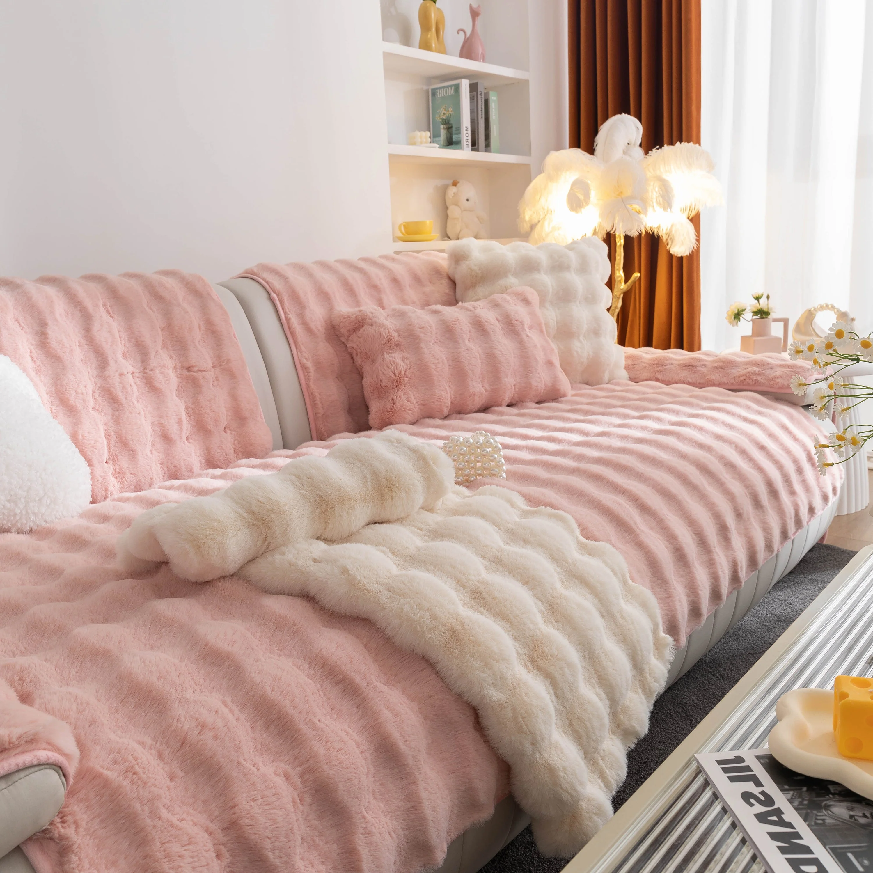 Thick Sofa Cushion Solid Color Faux Fur Fluffy Sofa Cushion Non-Slip Couch Covers - Image 53