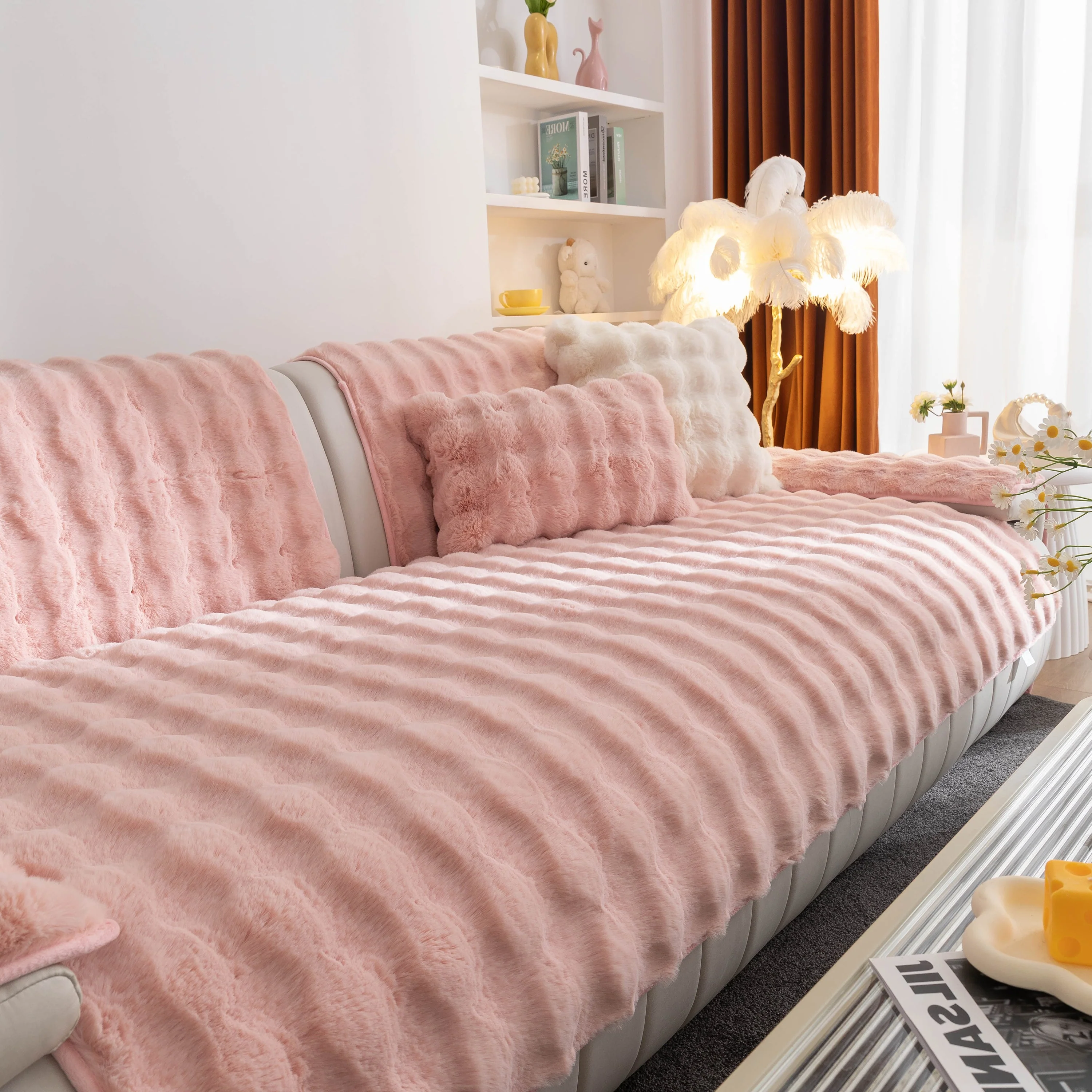 Thick Sofa Cushion Solid Color Faux Fur Fluffy Sofa Cushion Non-Slip Couch Covers - Image 54