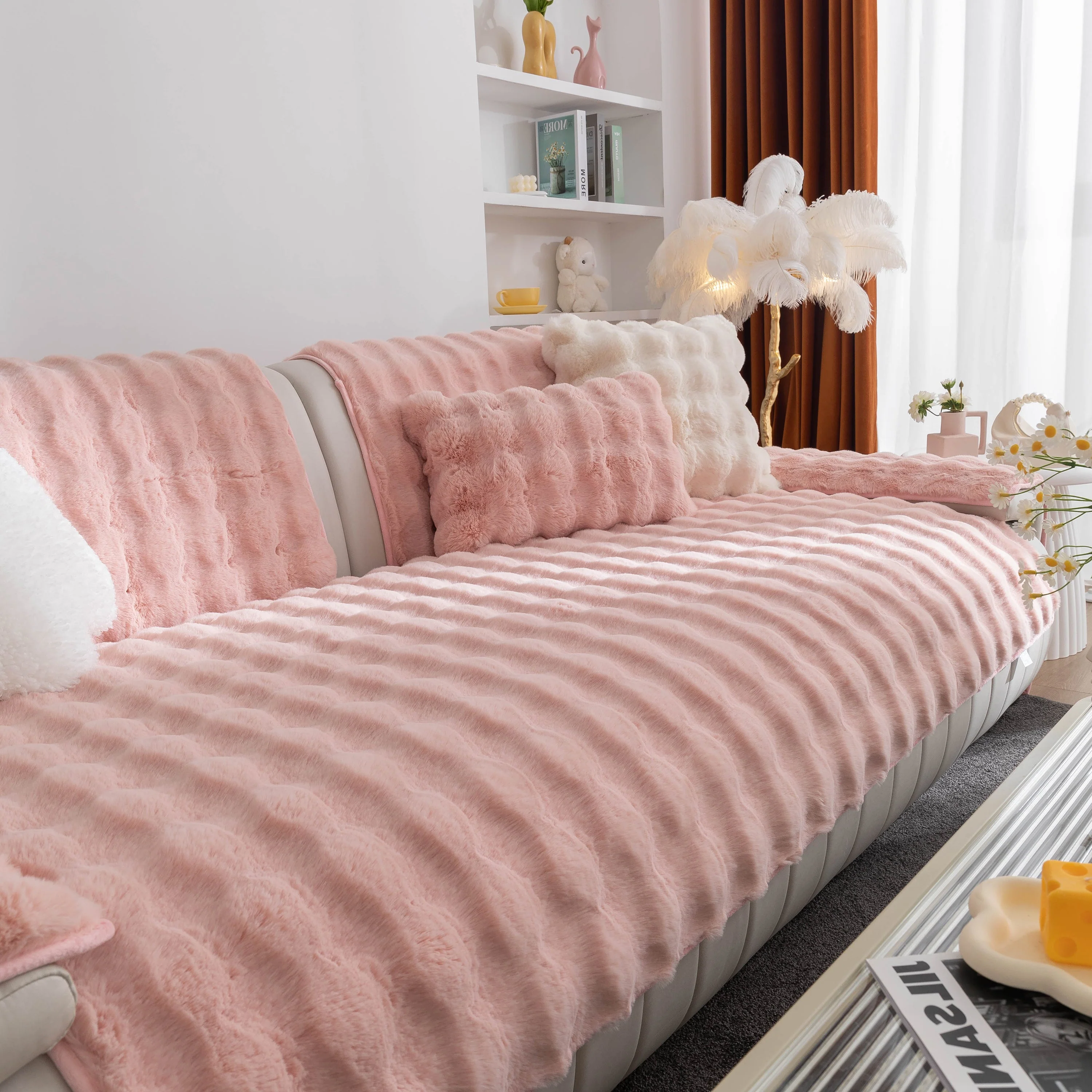 Thick Sofa Cushion Solid Color Faux Fur Fluffy Sofa Cushion Non-Slip Couch Covers - Image 55