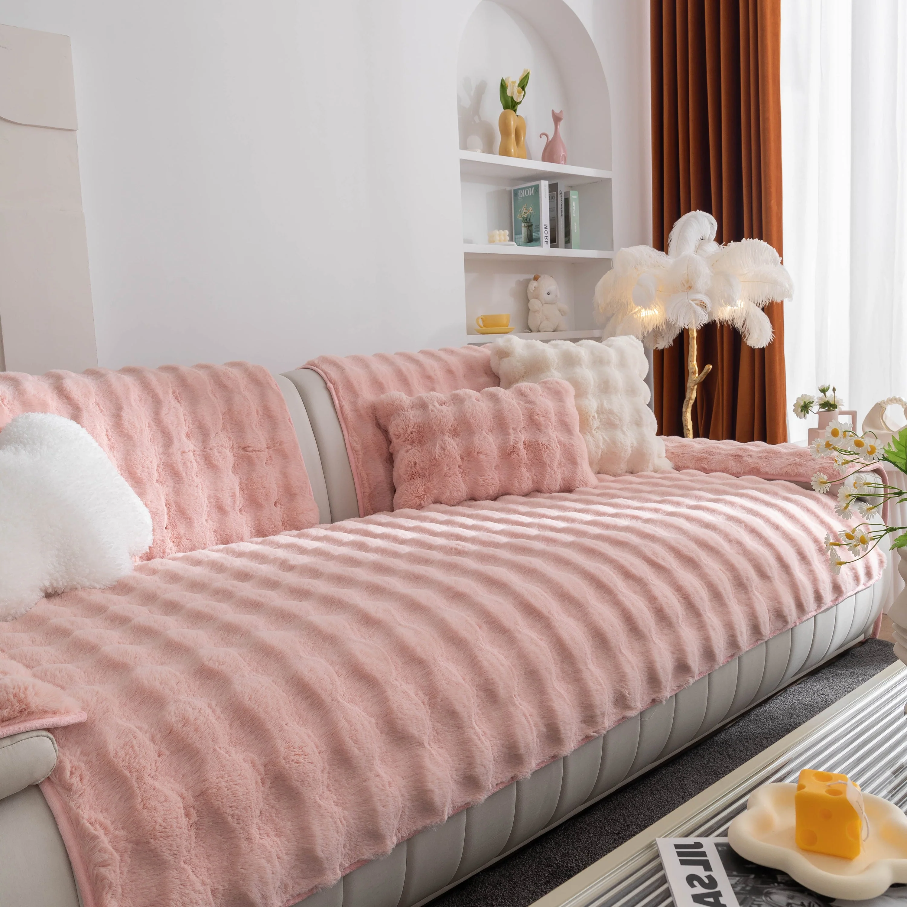 Thick Sofa Cushion Solid Color Faux Fur Fluffy Sofa Cushion Non-Slip Couch Covers - Image 56