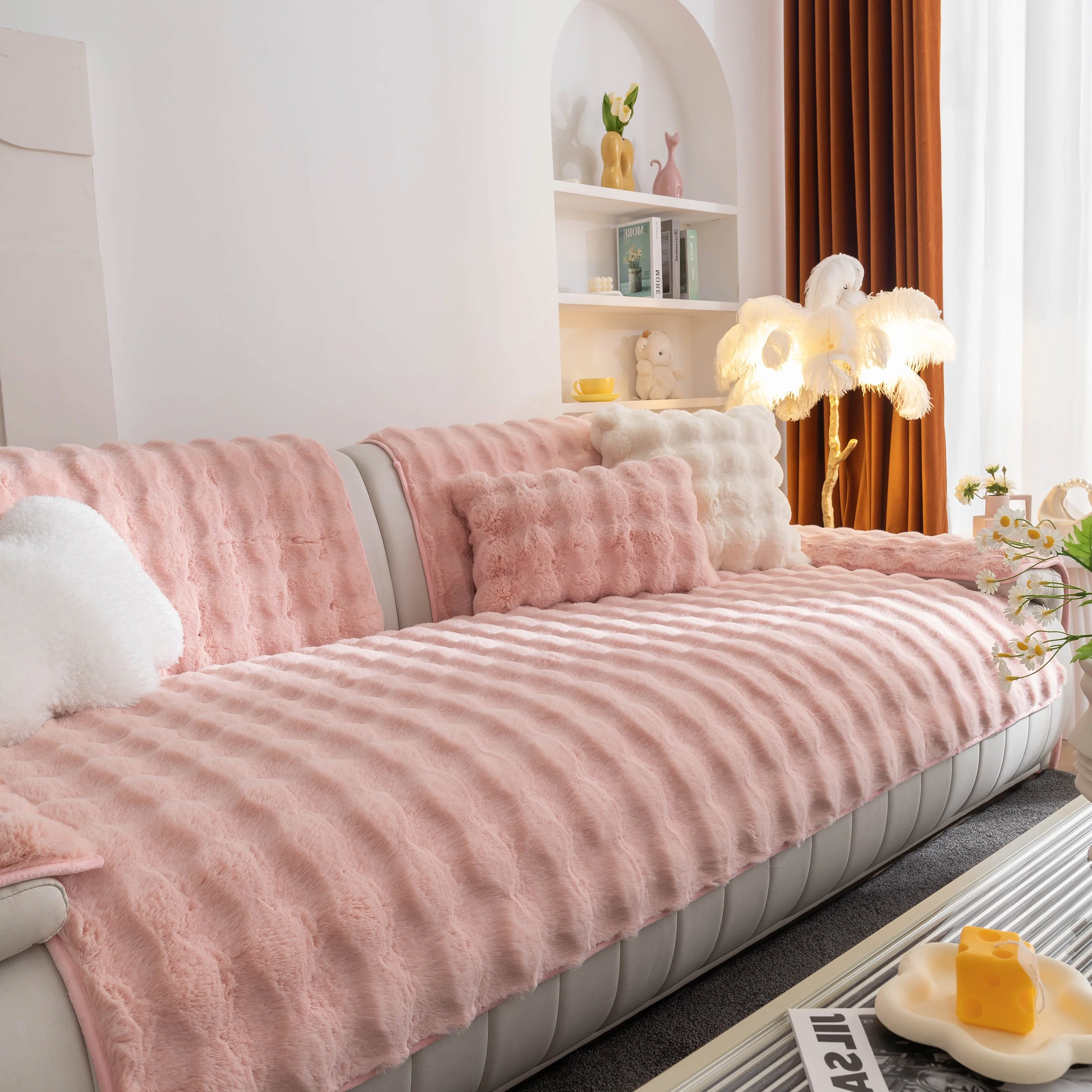 Thick Sofa Cushion Solid Color Faux Fur Fluffy Sofa Cushion Non-Slip Couch Covers - Image 57
