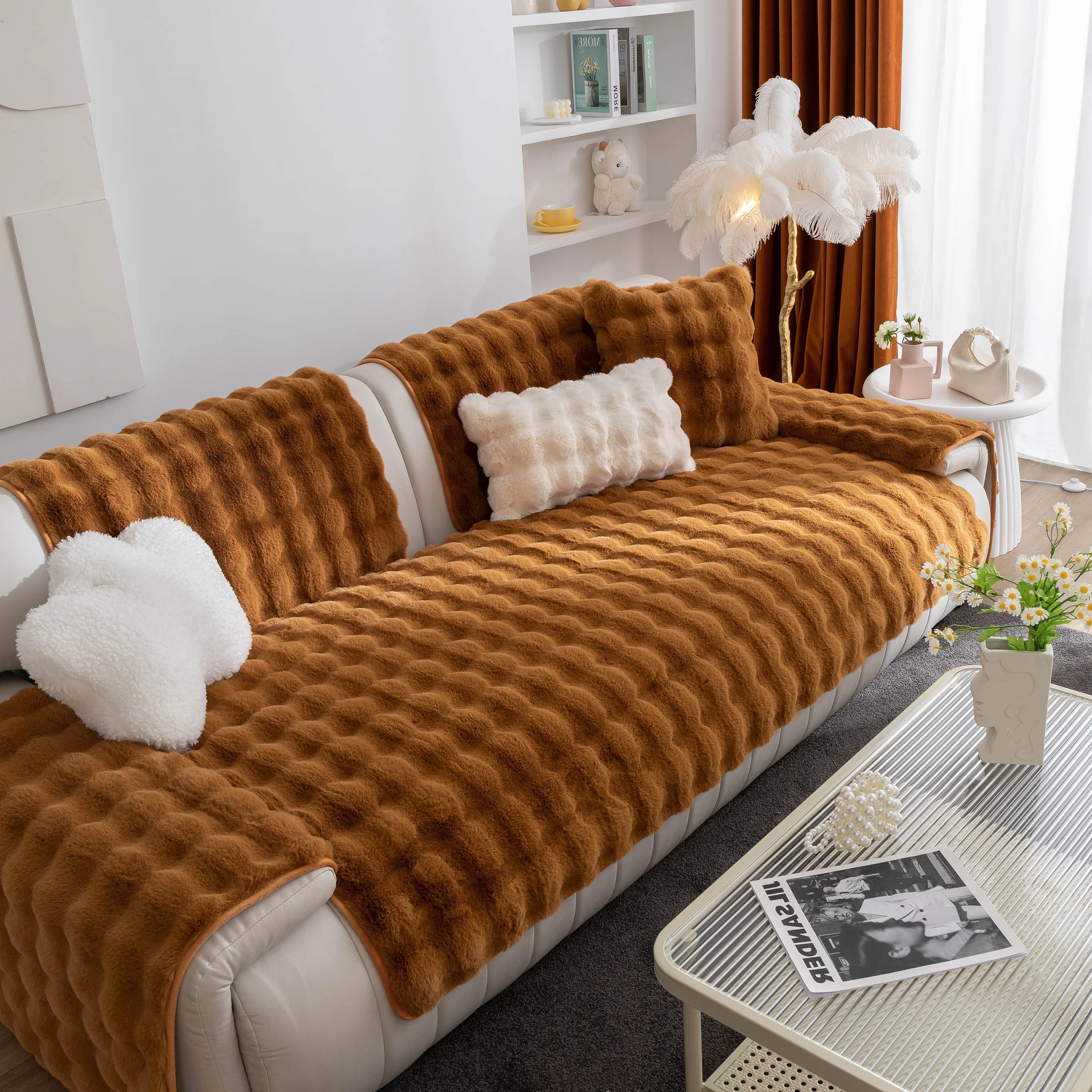 Thick Sofa Cushion Solid Color Faux Fur Fluffy Sofa Cushion Non-Slip Couch Covers - Image 58
