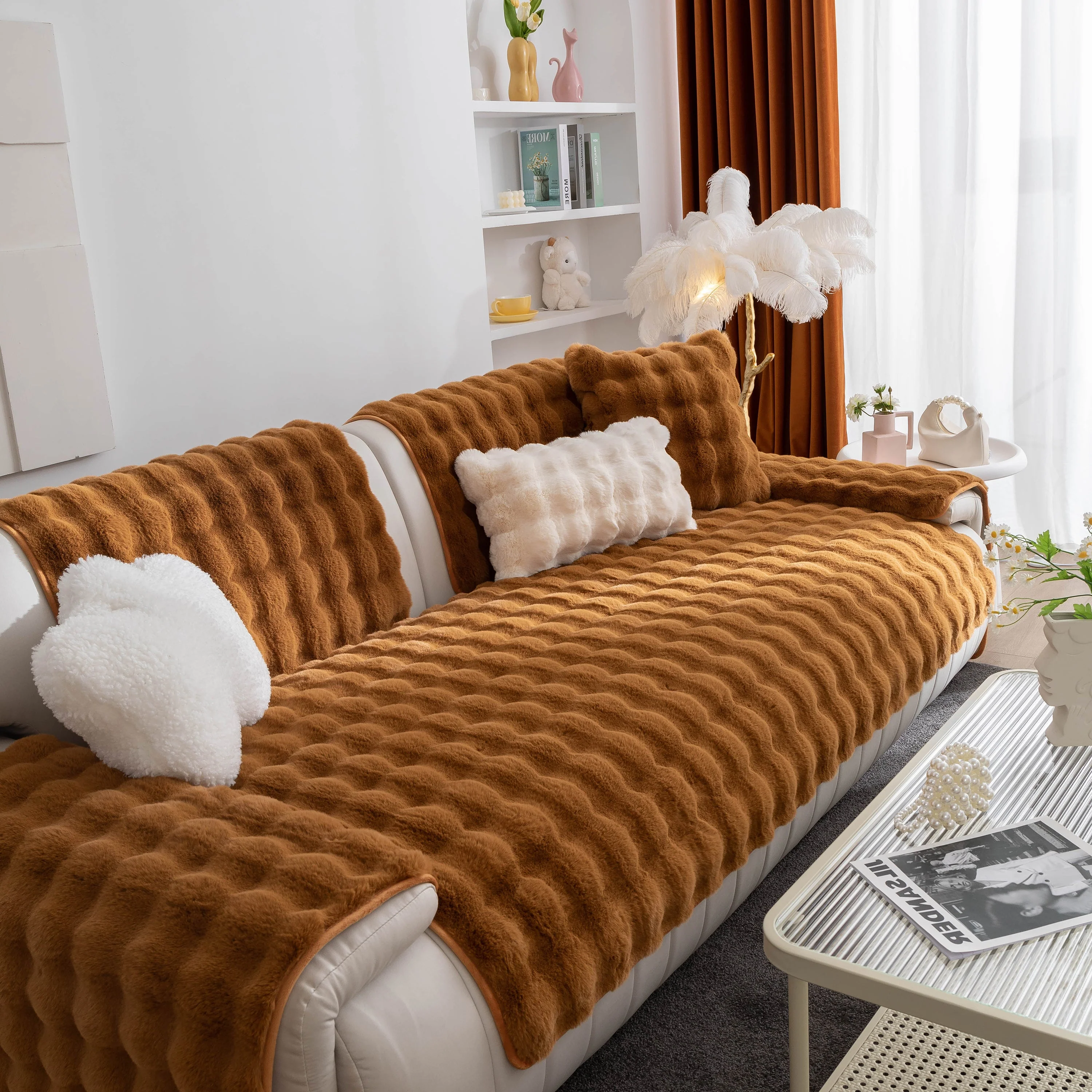 Thick Sofa Cushion Solid Color Faux Fur Fluffy Sofa Cushion Non-Slip Couch Covers - Image 59